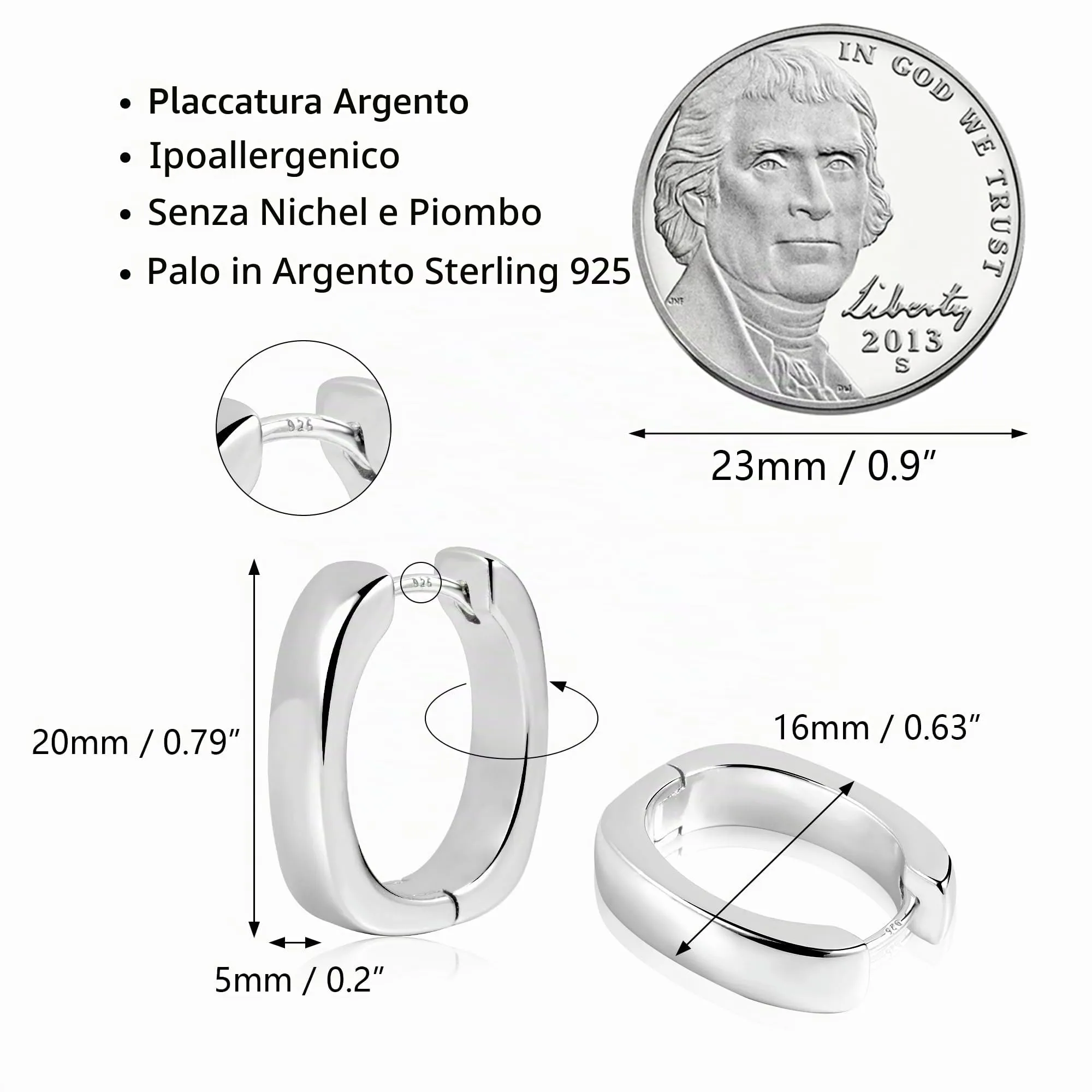 ALEXCRAFT Orecchini a Cerchio Geometrici Rettangolari e Quadrati in Argento, 16 mm - immagine 7
