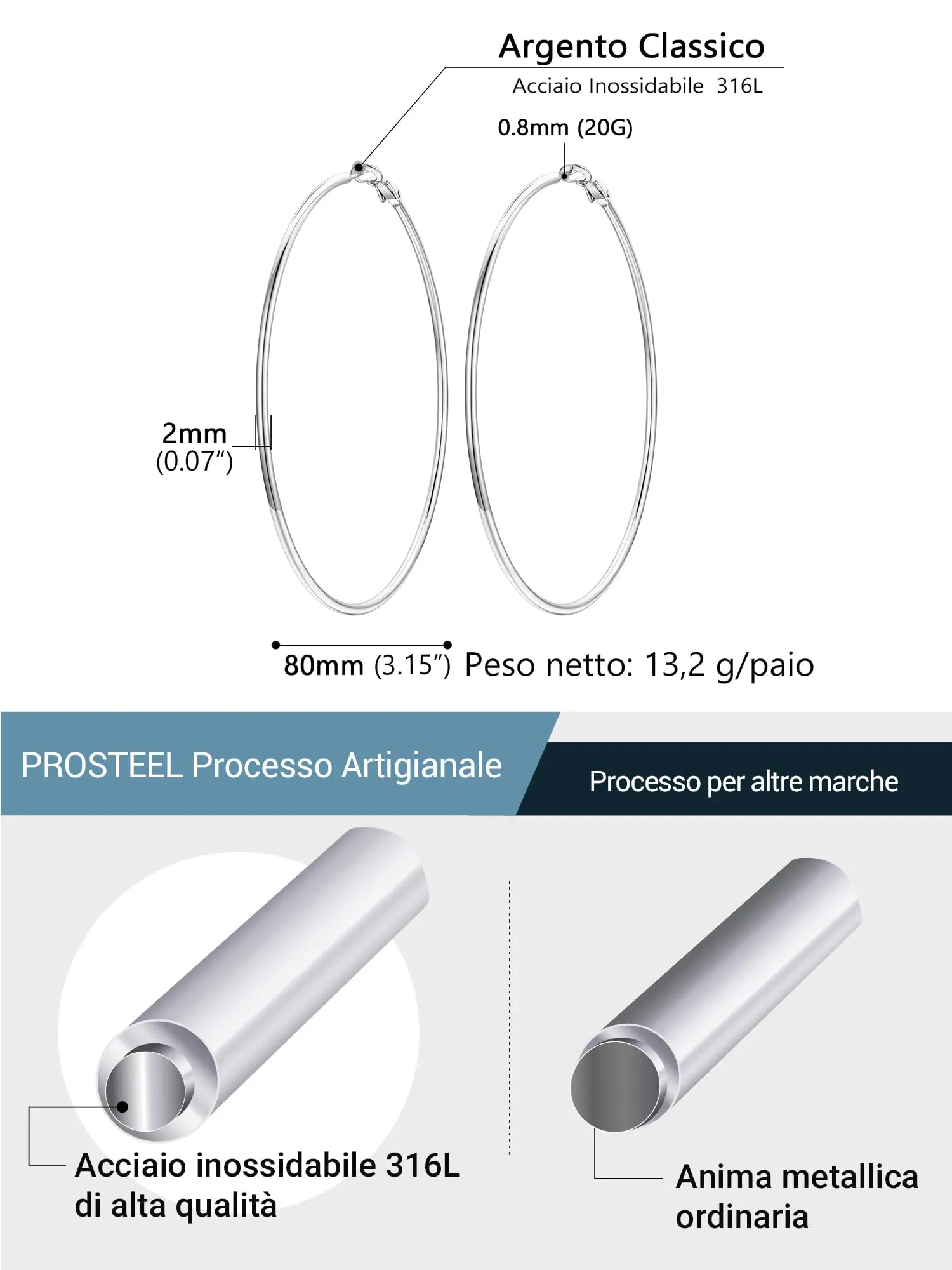 PROSTEEL Orecchini a Cerchio in Acciaio Chirurgico Argento 80mm - immagine 3