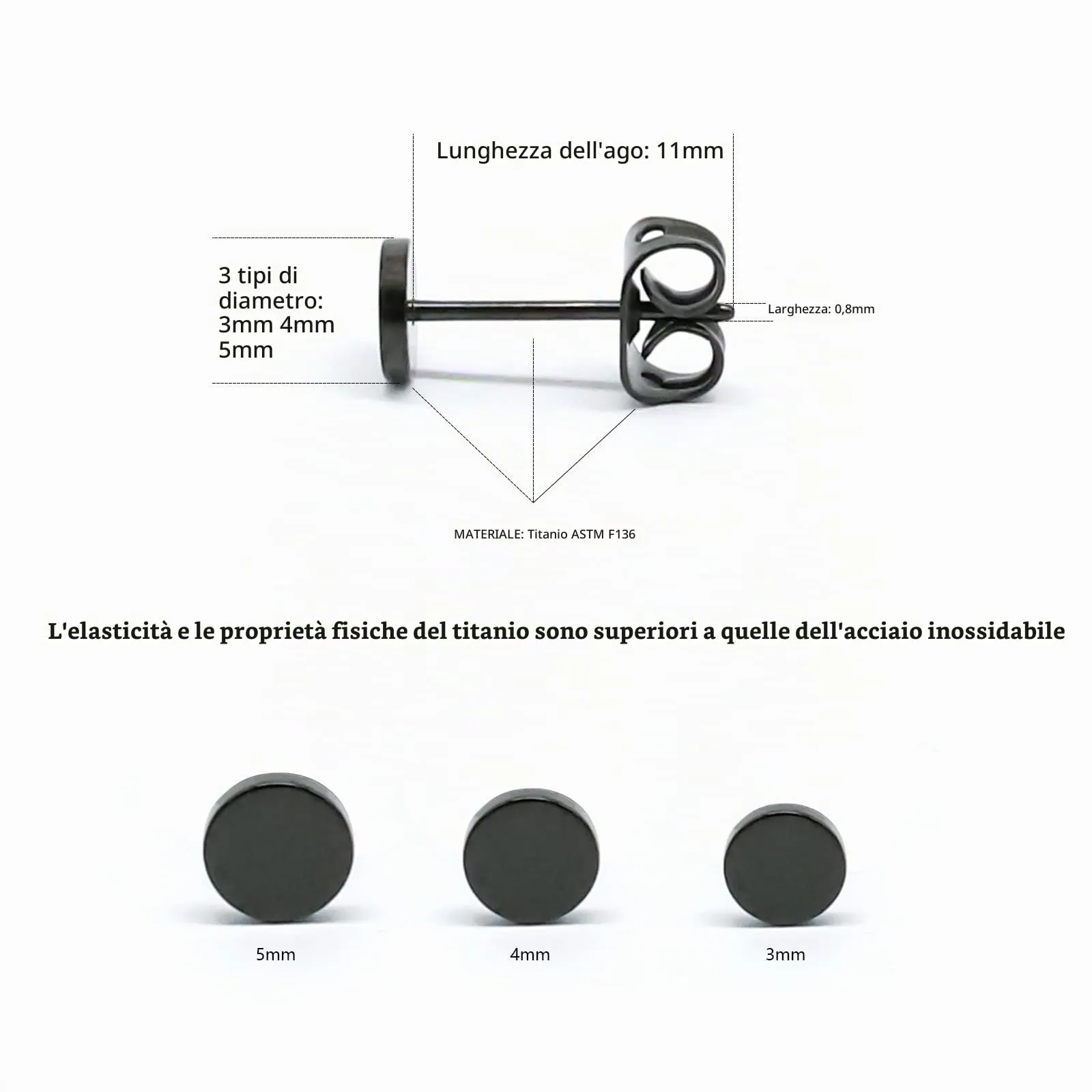Artskin Orecchini a bottone in titanio ipoallergenico, 6 mm, Nero - immagine 2