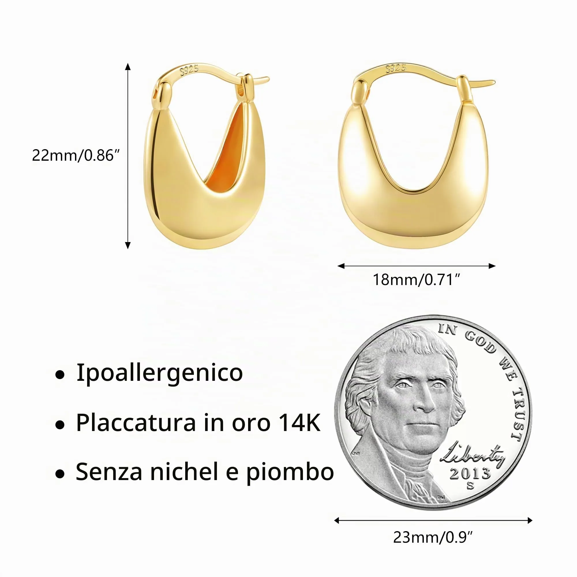 ALEXCRAFT Orecchini a Cerchio Spessi Lucidi Oro 14K Ipoallergenici 18 mm KPDE928G - immagine 7