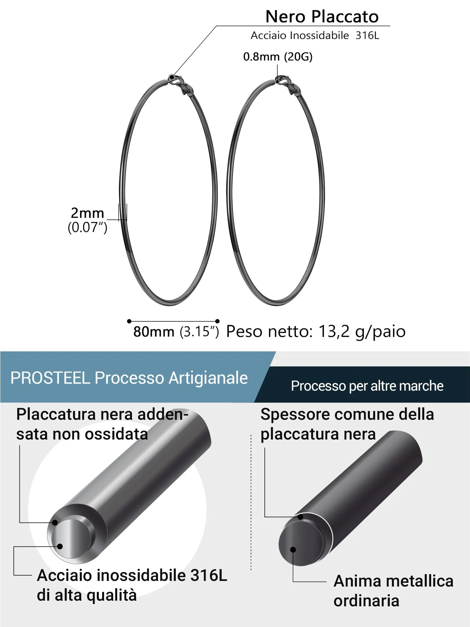 PROSTEEL Orecchini a Cerchio in Acciaio Chirurgico 80mm Nero - immagine 3