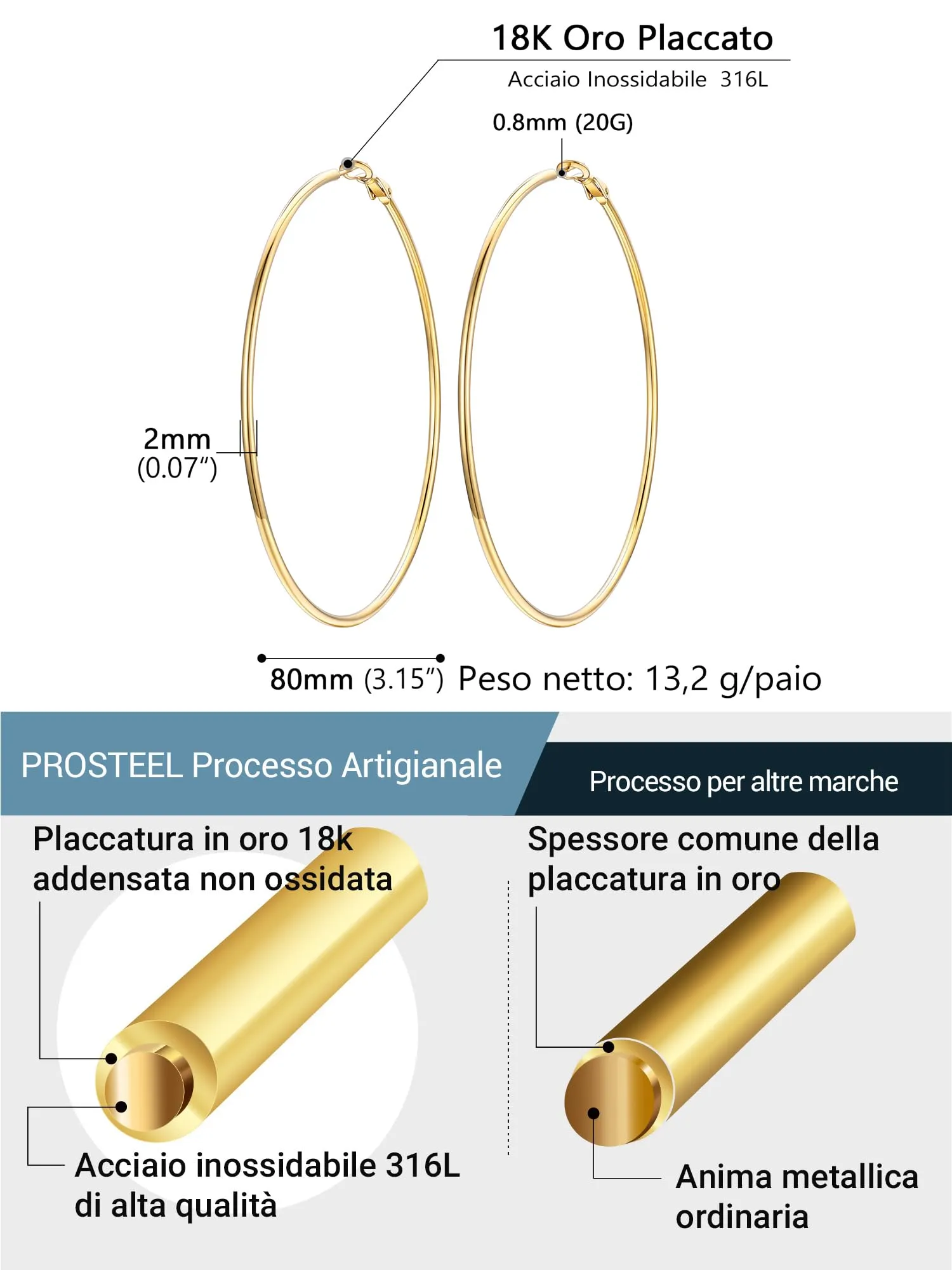 PROSTEEL Orecchini a Cerchio in Acciaio Chirurgico 80mm Oro - immagine 5