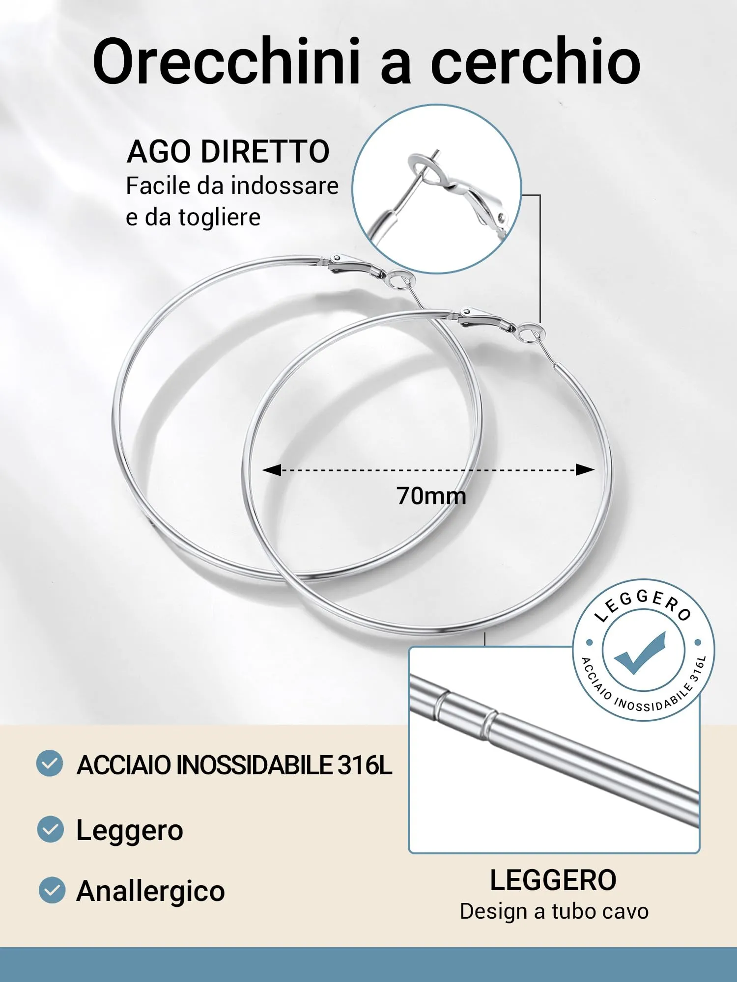 PROSTEEL Orecchini a Cerchio in Acciaio Inossidabile, 70 mm, Argento - immagine 3