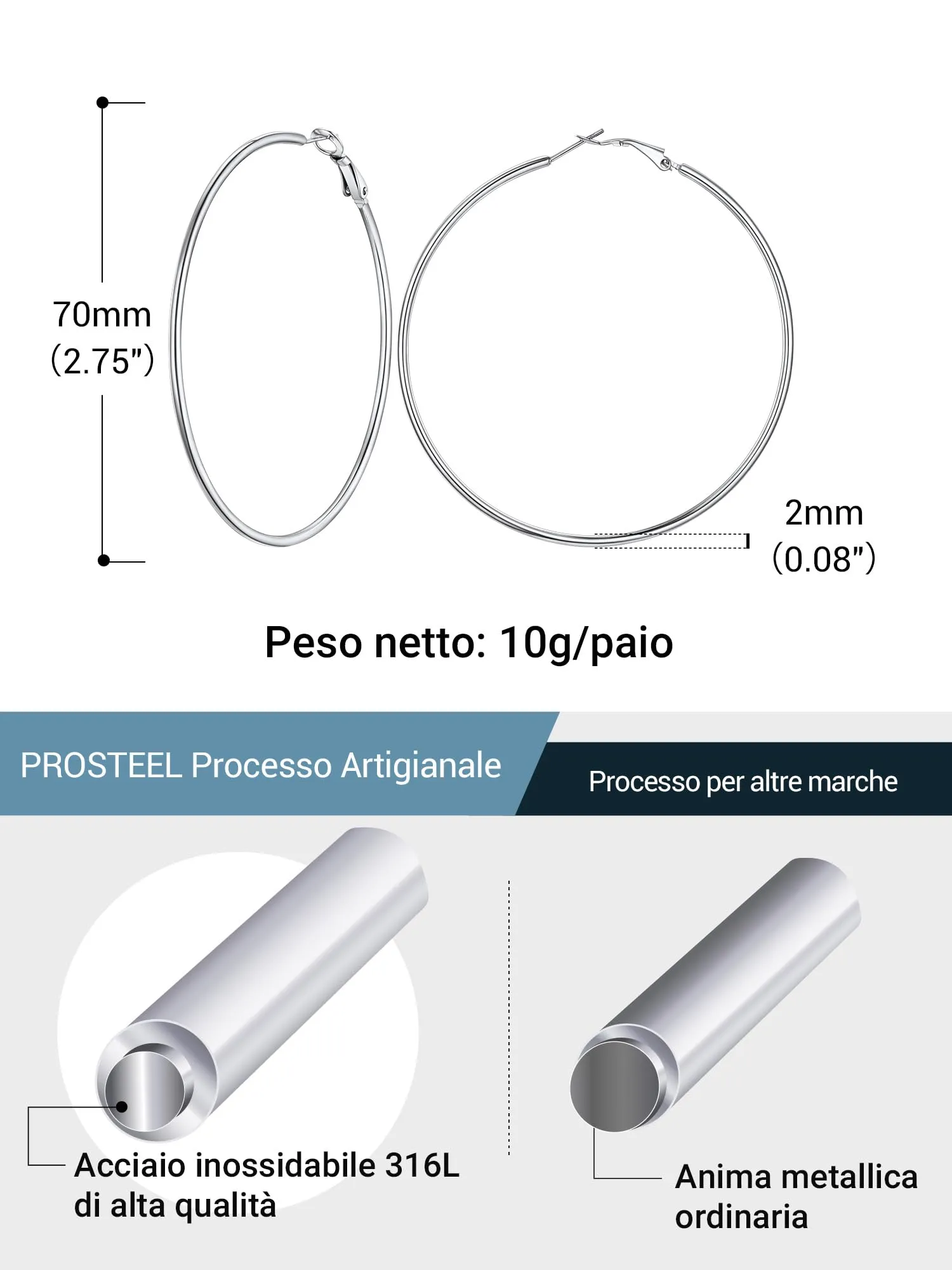 PROSTEEL Orecchini a Cerchio in Acciaio Inossidabile, 70 mm, Argento - immagine 7
