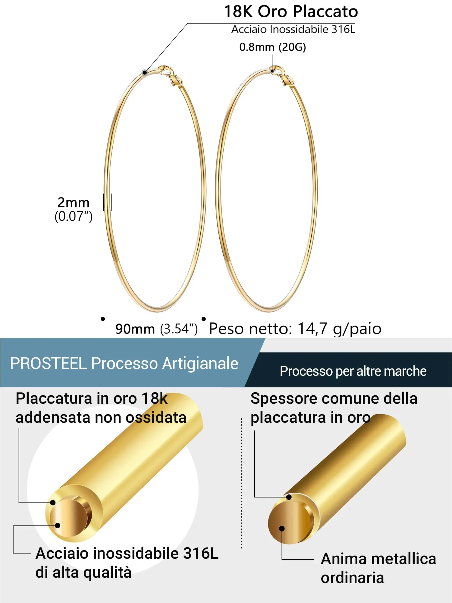 PROSTEEL Orecchini a Cerchio in Acciaio Chirurgico 90mm Oro - immagine 3