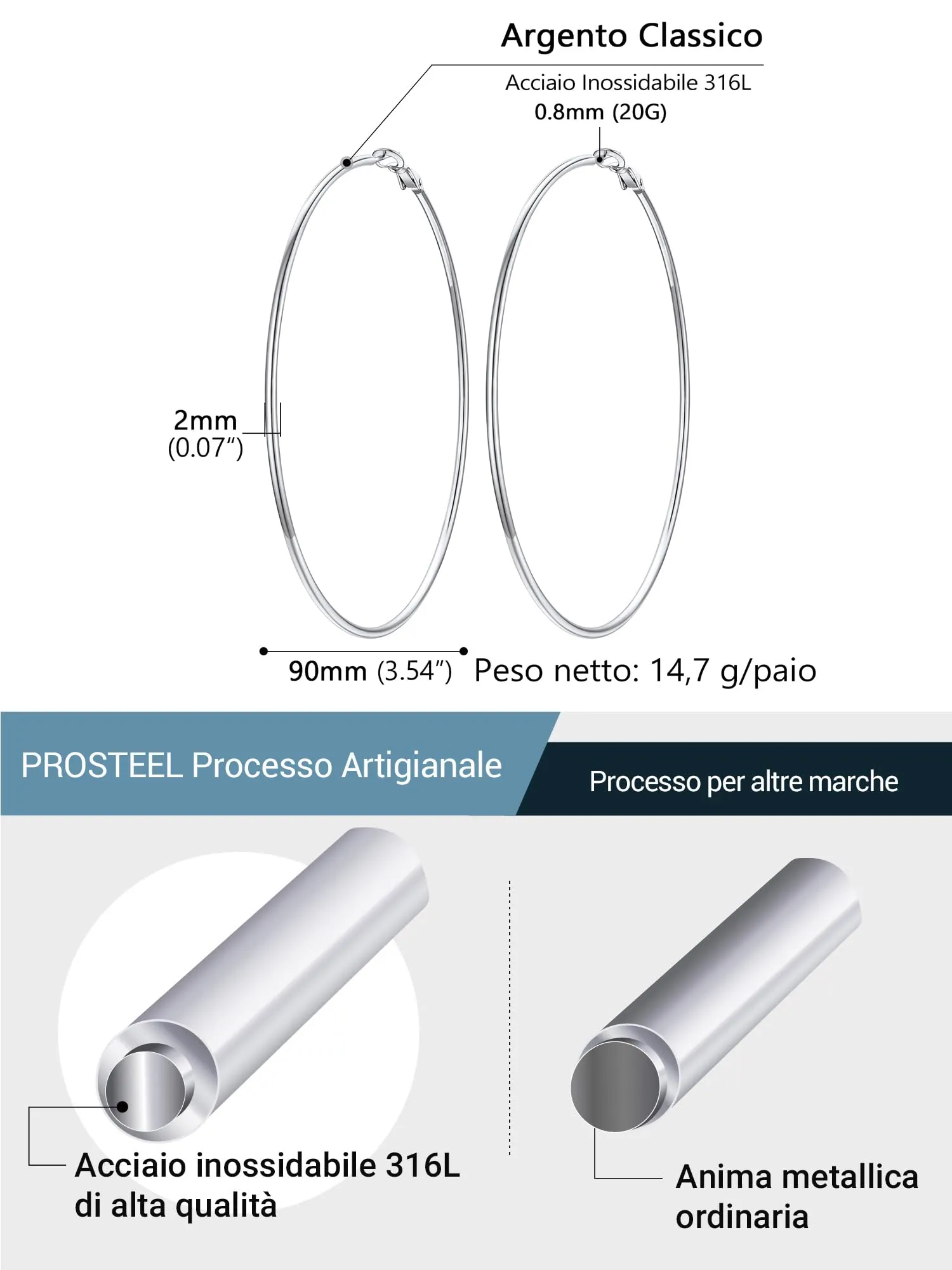 PROSTEEL Orecchini a Cerchio in Acciaio Chirurgico 90mm Argento - immagine 3