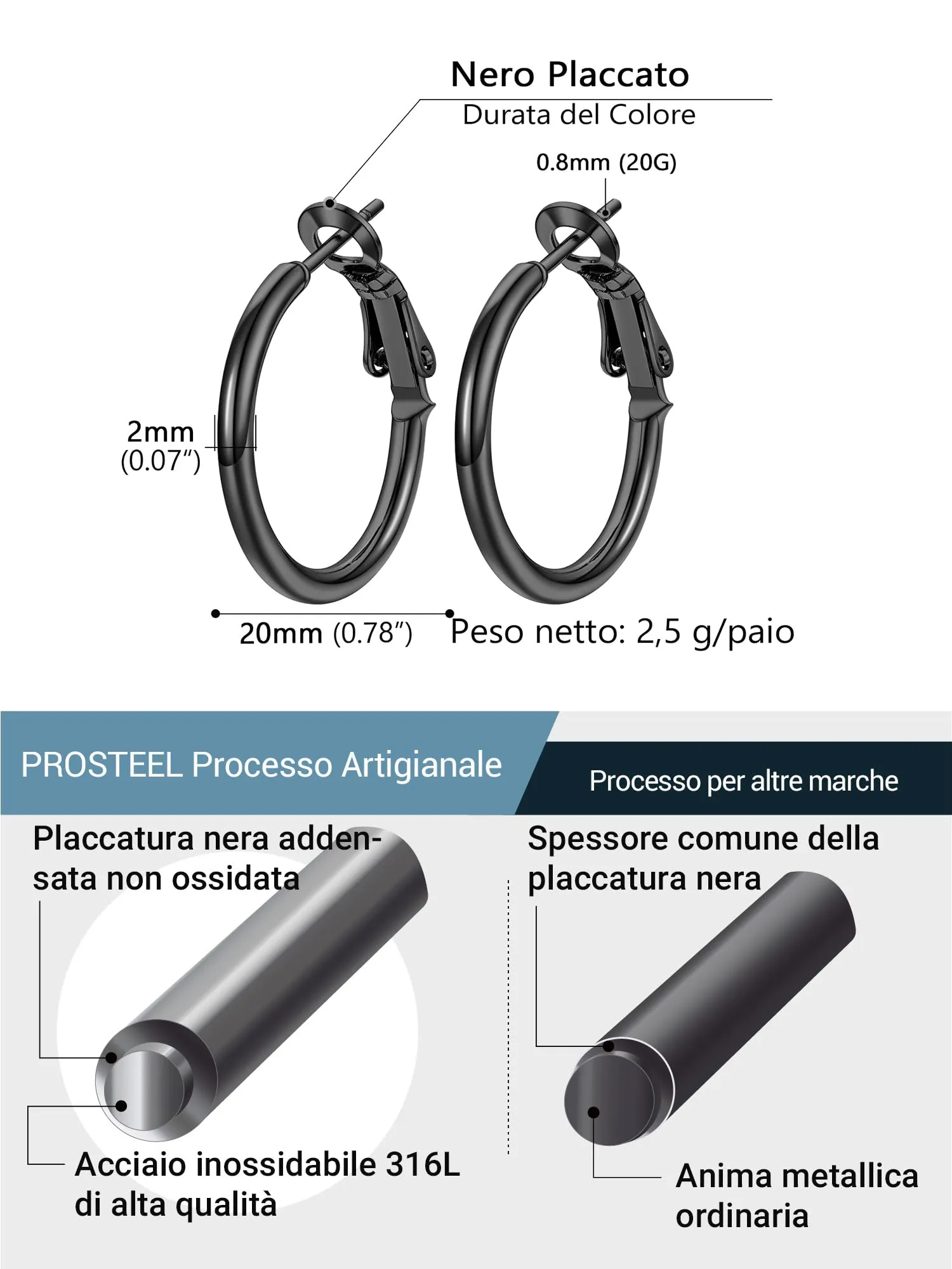 PROSTEEL Orecchini a Cerchio in Acciaio Chirurgico 20mm - Nero - immagine 3