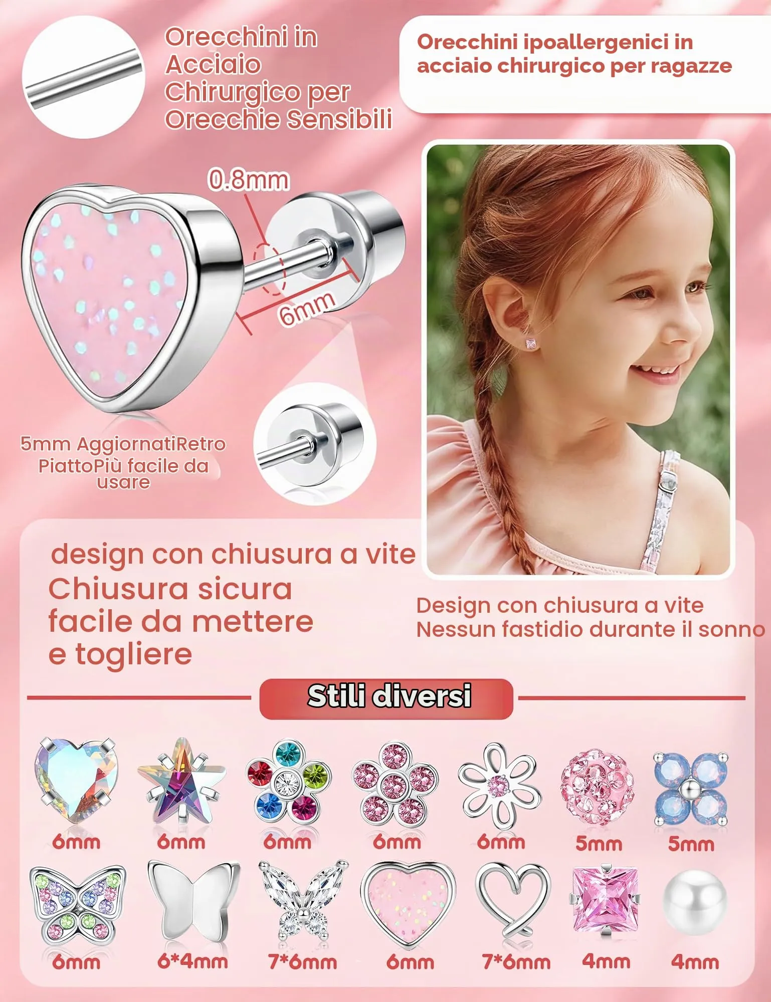Milacolato Set di 14 Paia di Orecchini in Acciaio Inossidabile e Rame per Donna e Bambina, Color Argento - immagine 2