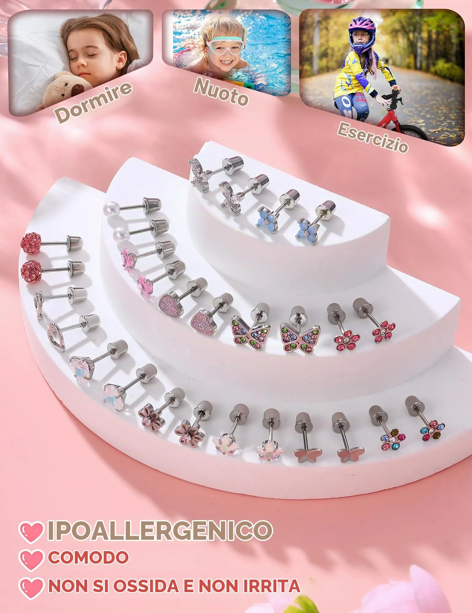 Milacolato Set di 14 Paia di Orecchini in Acciaio Inossidabile e Rame per Donna e Bambina, Color Argento - immagine 6
