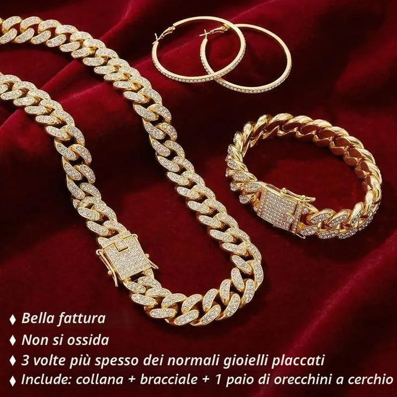 Xiaoliny Set di Gioielli Donna con Zirconia, Collana Catena Cubana, Bracciale e Orecchini a Cerchio, 3 Pezzi, Oro/Argento - immagine 3