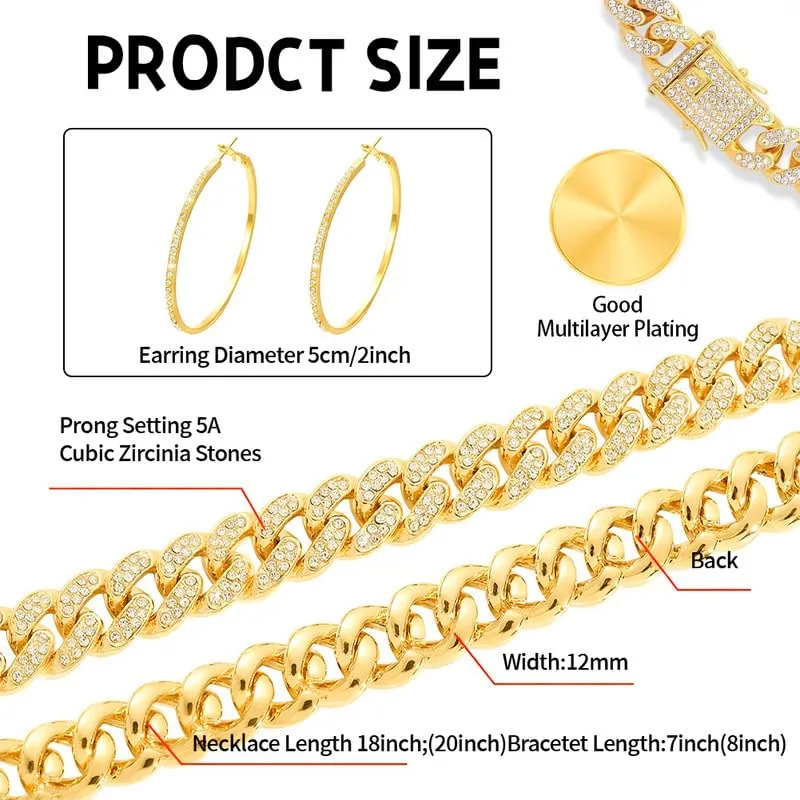 Xiaoliny Set di Gioielli Donna con Zirconia, Collana Catena Cubana, Bracciale e Orecchini a Cerchio, 3 Pezzi, Oro/Argento - immagine 4