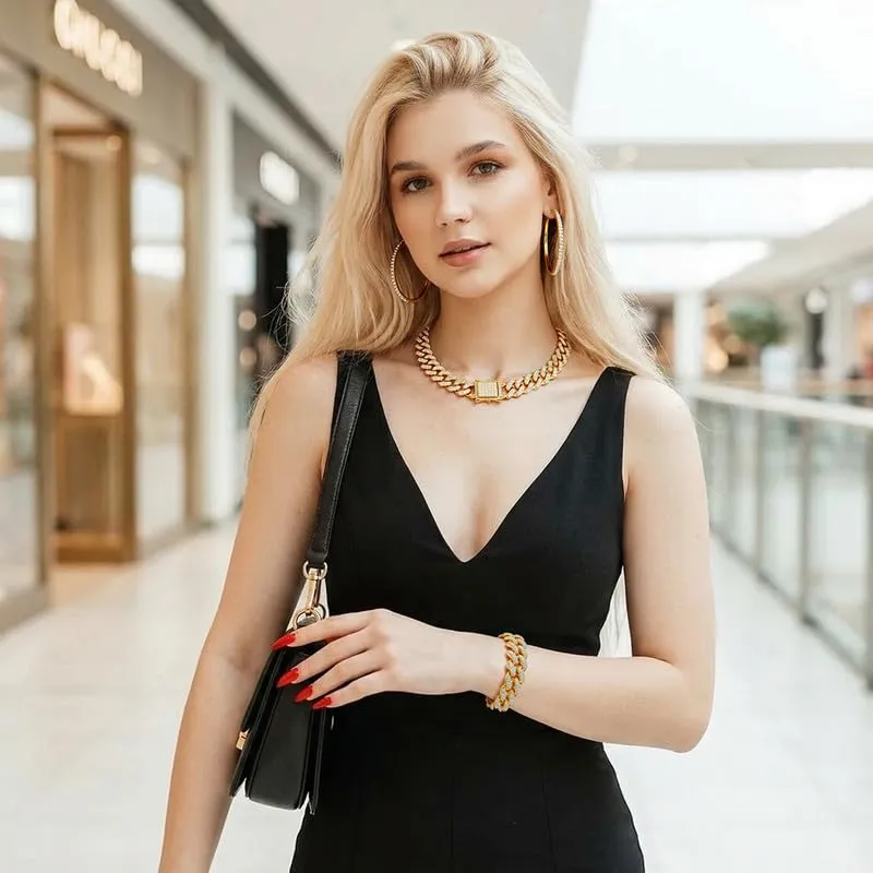 Xiaoliny Set di Gioielli Donna con Zirconia, Collana Catena Cubana, Bracciale e Orecchini a Cerchio, 3 Pezzi, Oro/Argento - immagine 6