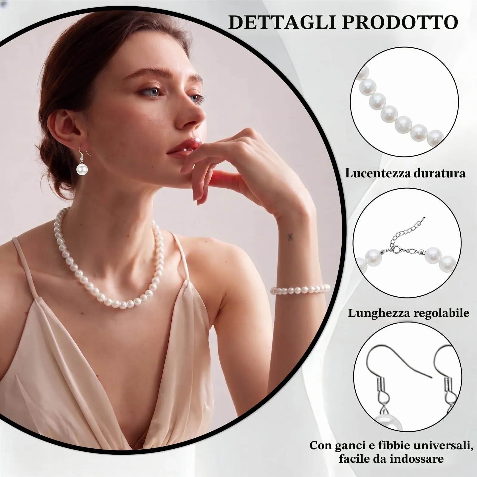 FMPXYYA Set di gioielli con perle finte vintage da donna, collana 48 cm, bracciale e orecchini, stile anni ’20, bianco - immagine 3
