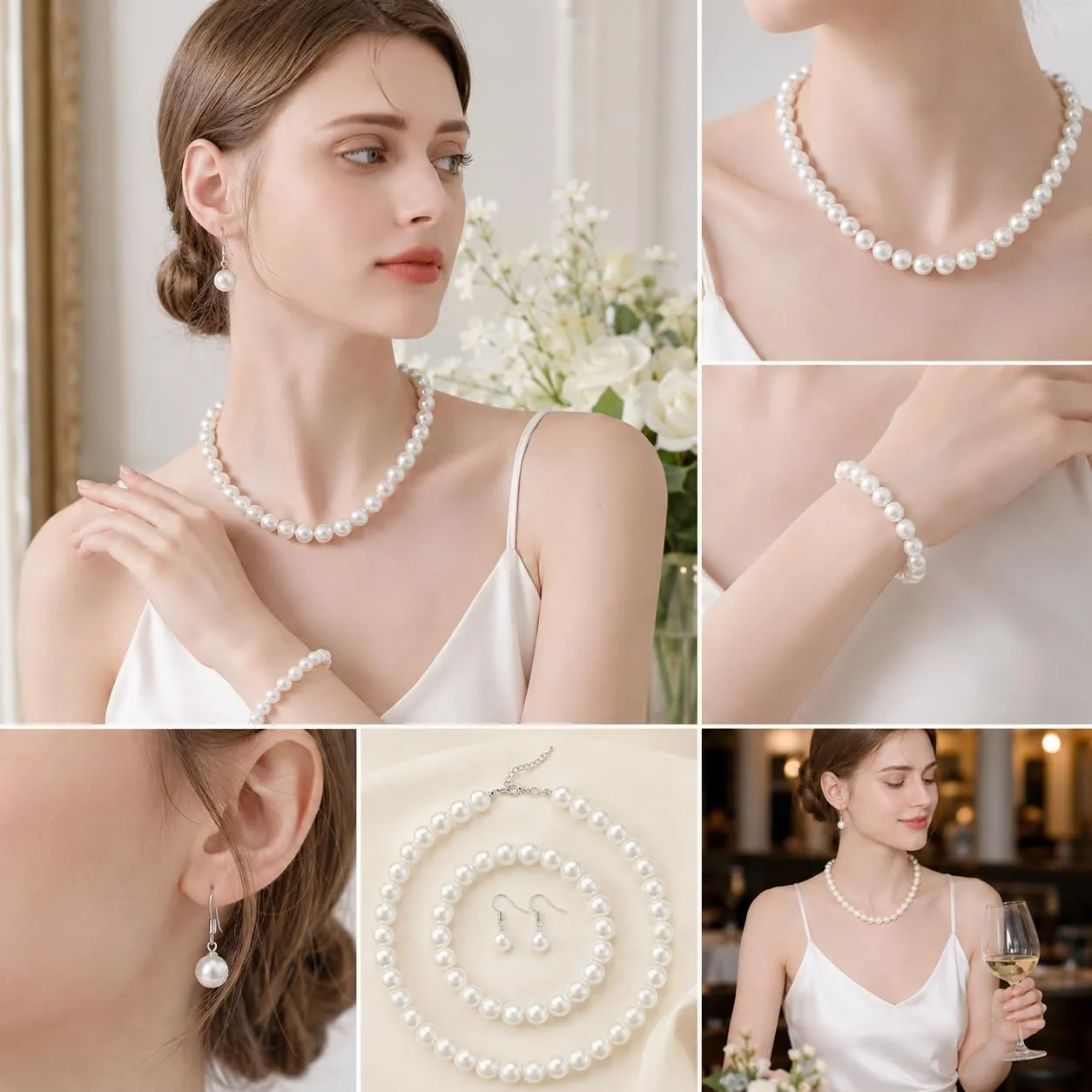 FMPXYYA Set di gioielli con perle finte vintage da donna, collana 48 cm, bracciale e orecchini, stile anni ’20, bianco - immagine 4