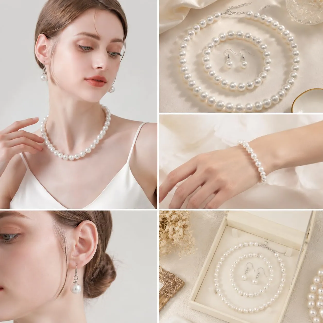 FMPXYYA Set di gioielli con perle finte vintage da donna, collana 48 cm, bracciale e orecchini, stile anni ’20, bianco - immagine 5