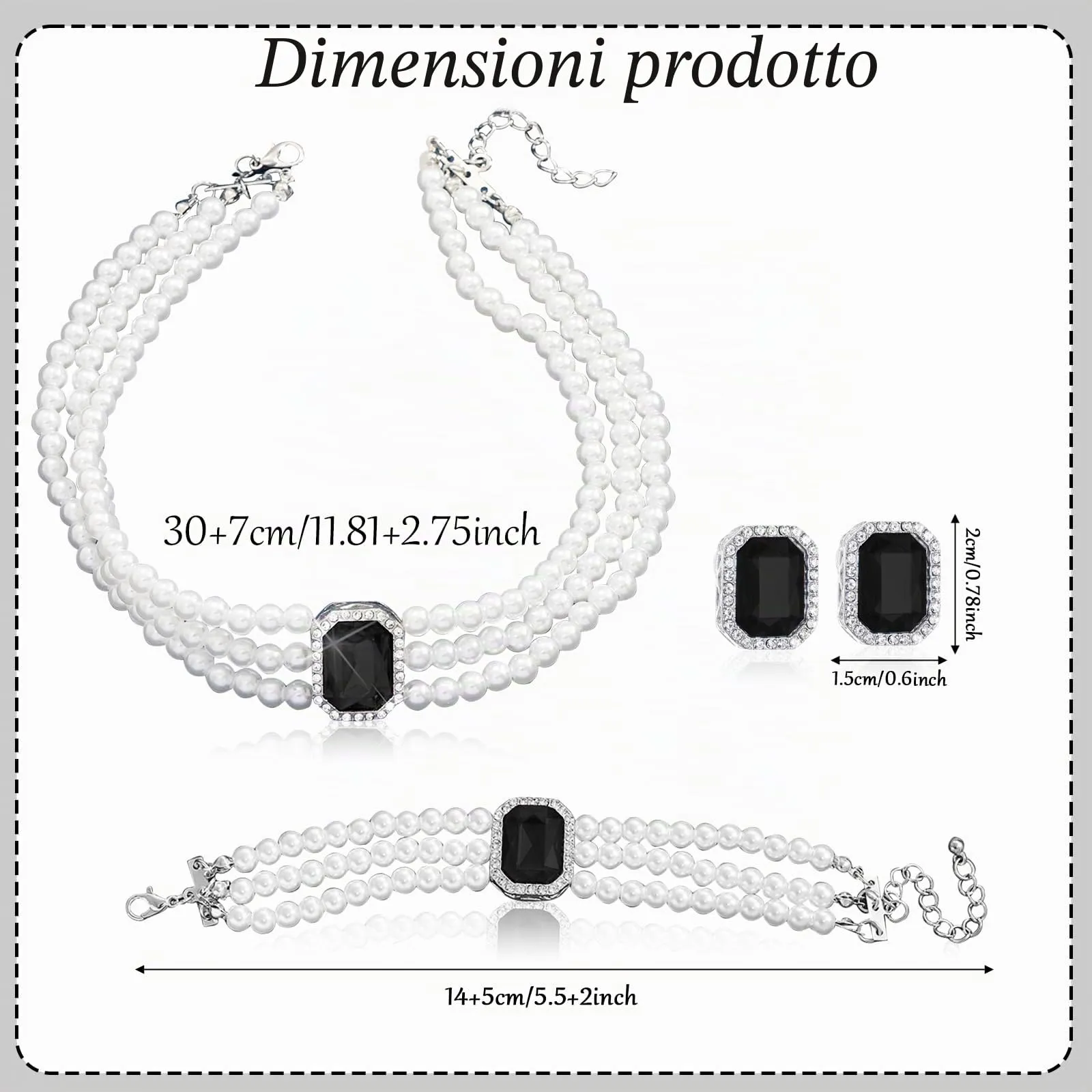 LjFrexia Set di Gioielli con Perle e Cristalli Neri per Donna, Collana Multifila, Braccialetto e Orecchini - immagine 2