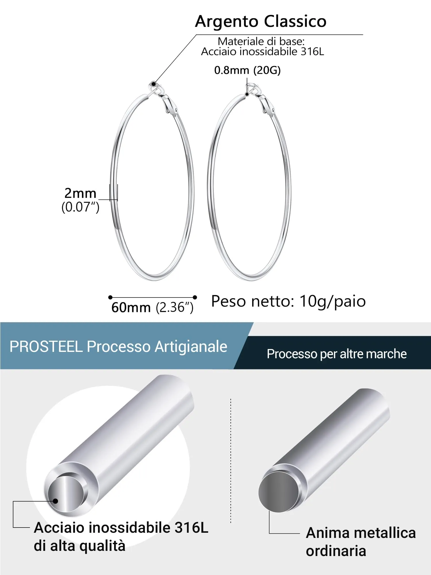 PROSTEEL Orecchini a Cerchio in Acciaio Chirurgico 60mm - Argento - immagine 3