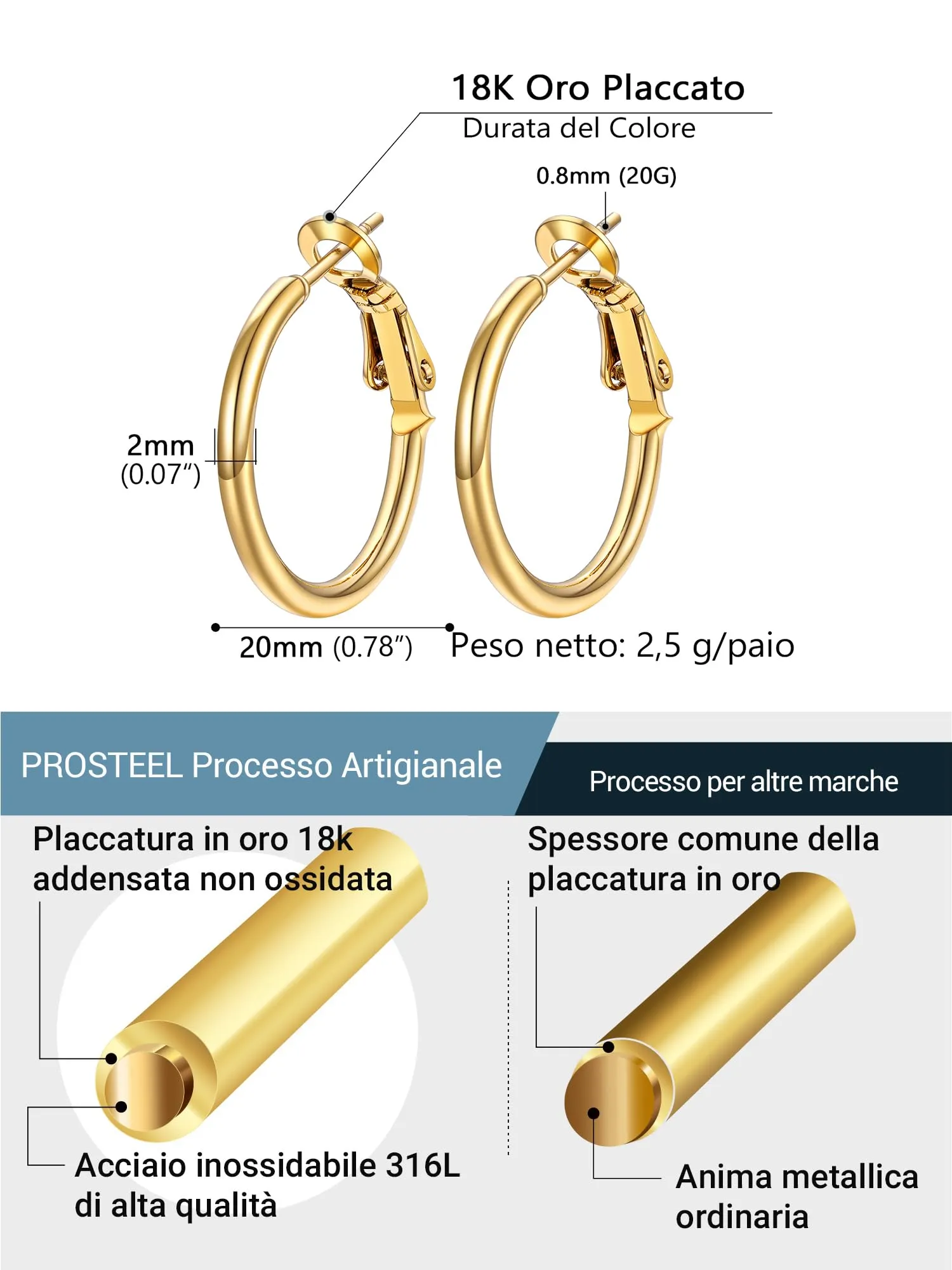 PROSTEEL Orecchini a Cerchio in Acciaio Chirurgico 20mm Oro - immagine 5