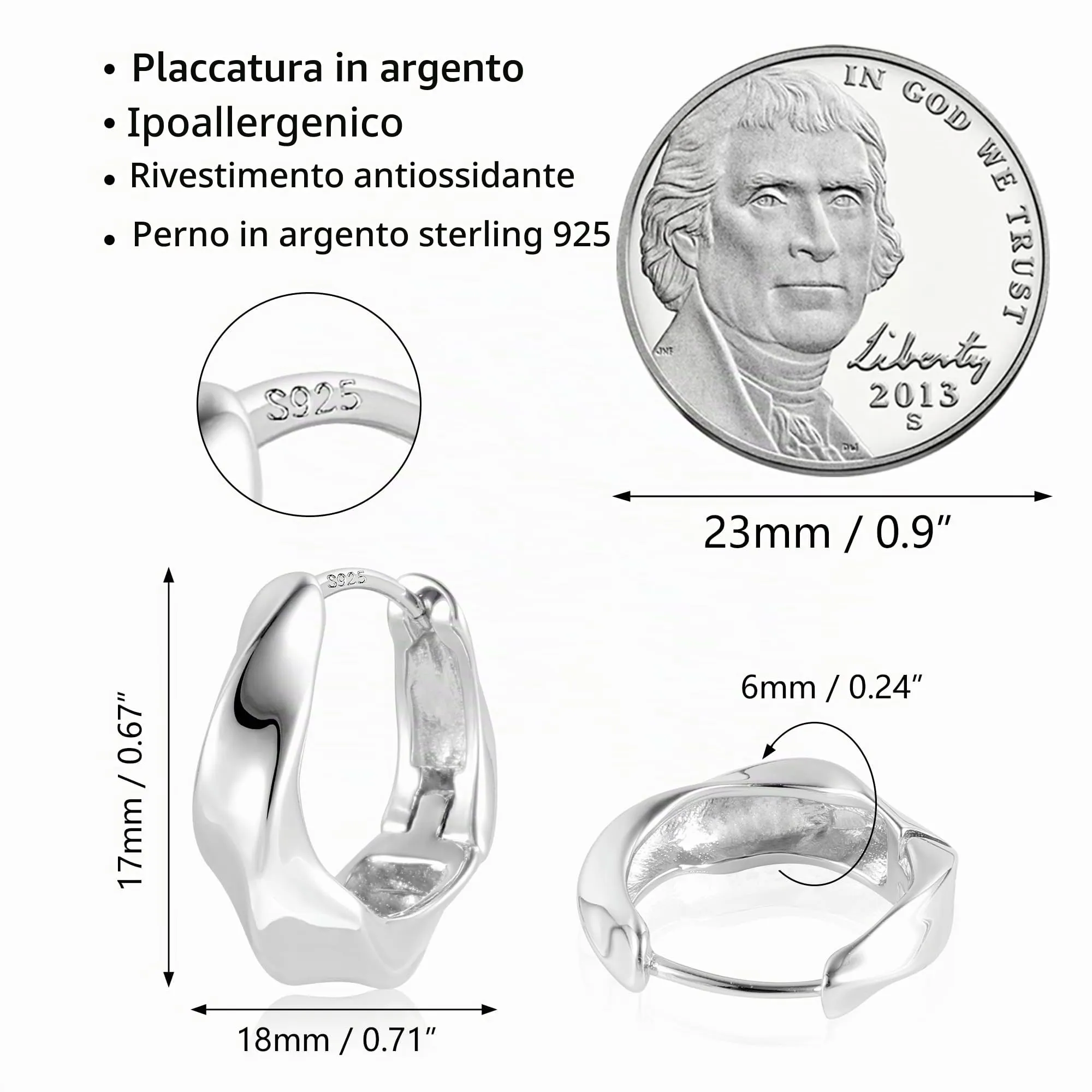 ALEXCRAFT Orecchini a Cerchio Geometrici Chunky in Argento Sterling, 18 mm, E3221 - immagine 7