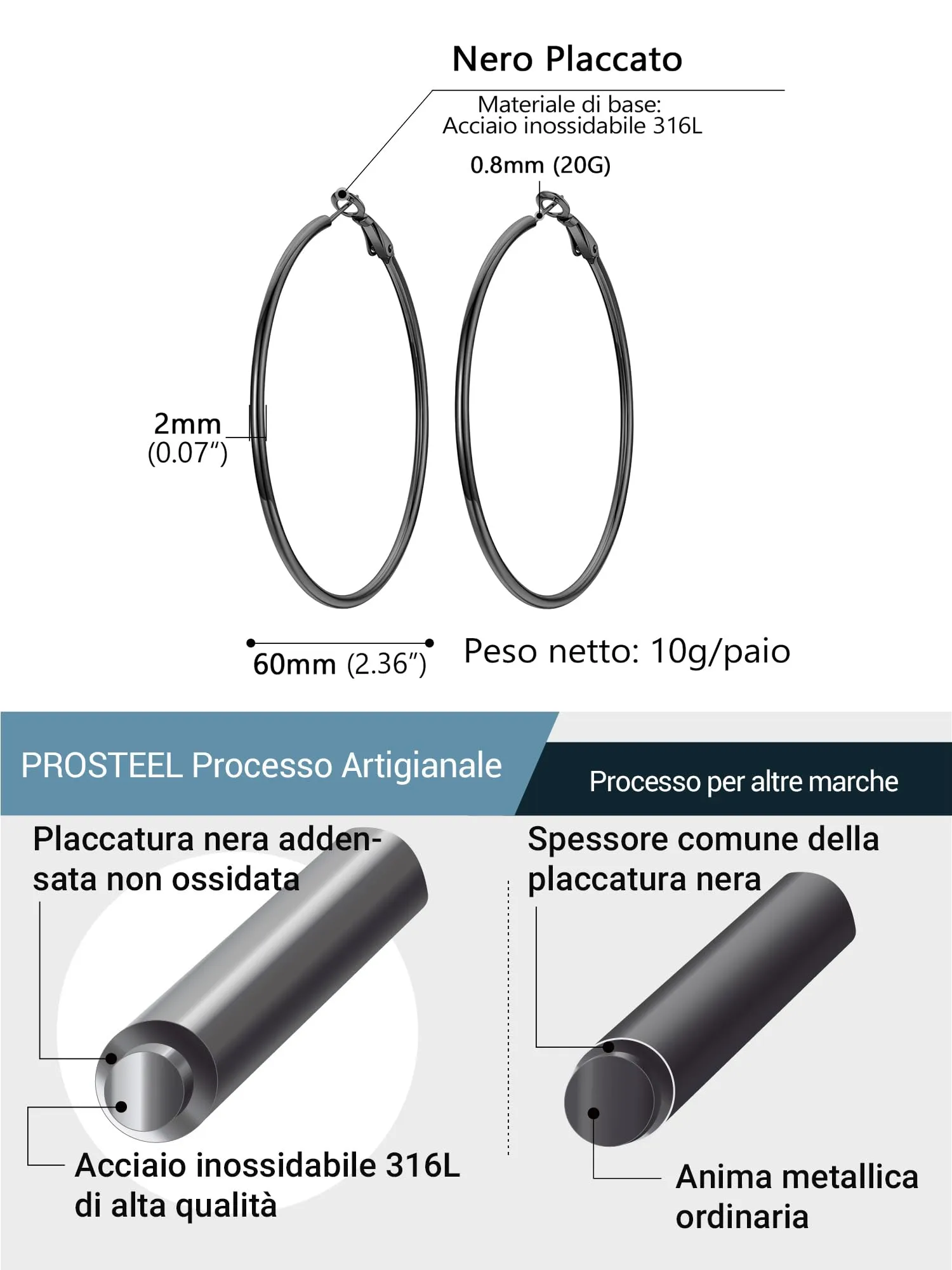 PROSTEEL Orecchini a Cerchio in Acciaio Chirurgico 60mm Nero - immagine 3