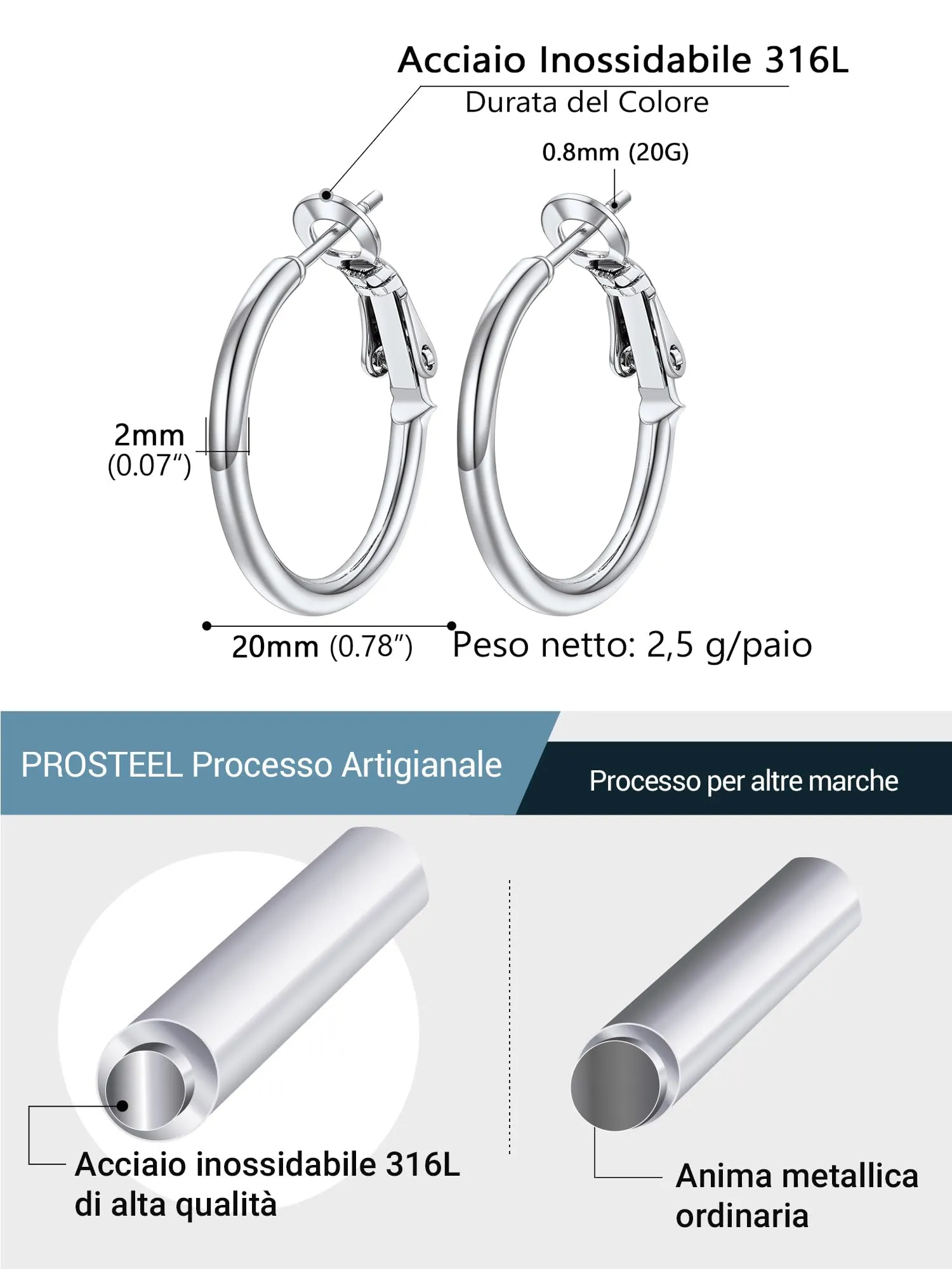 PROSTEEL Orecchini a Cerchio in Acciaio Chirurgico 20mm - Argento - immagine 3