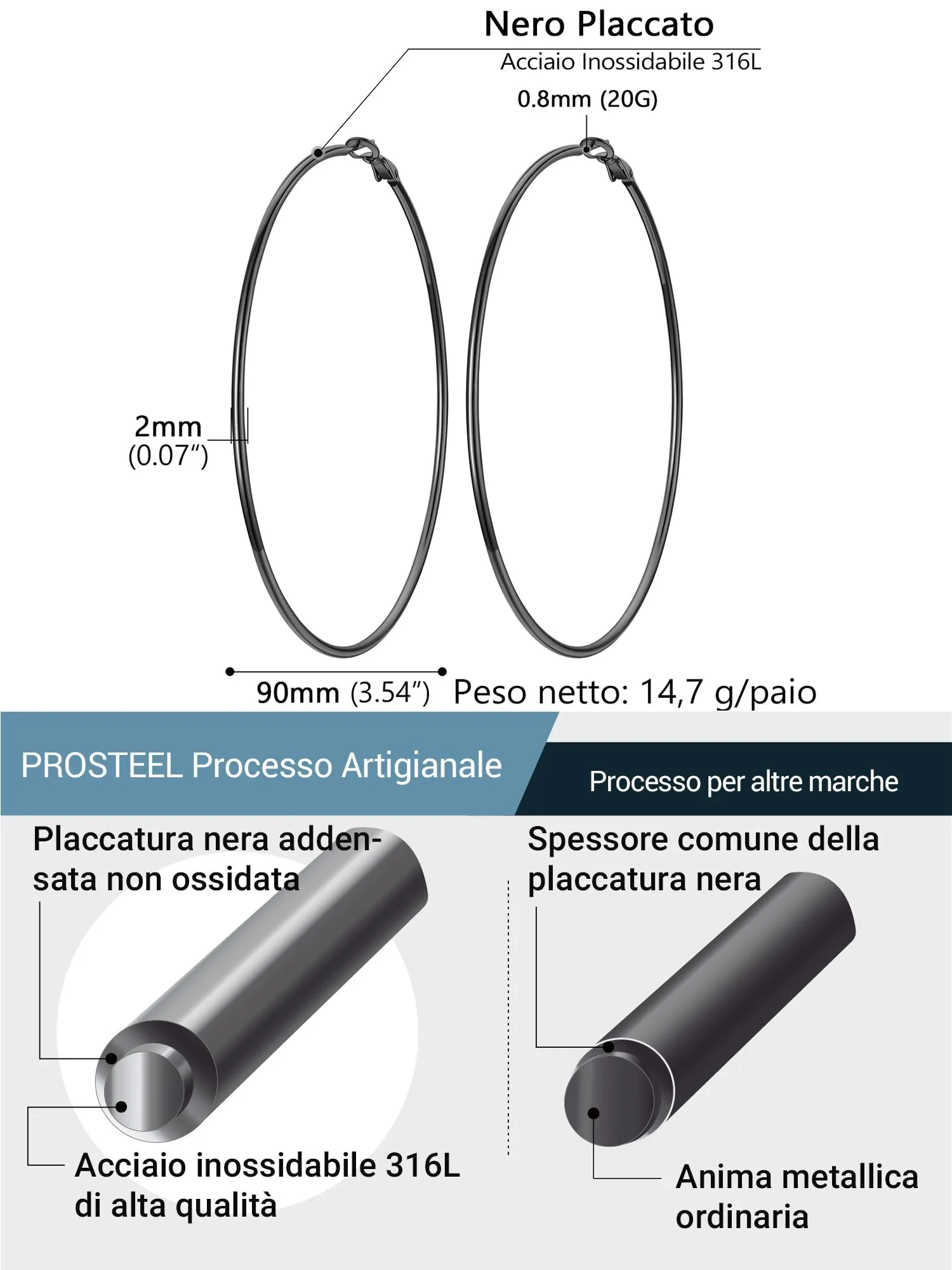PROSTEEL Orecchini a Cerchio in Acciaio Chirurgico 90mm Nero - immagine 5