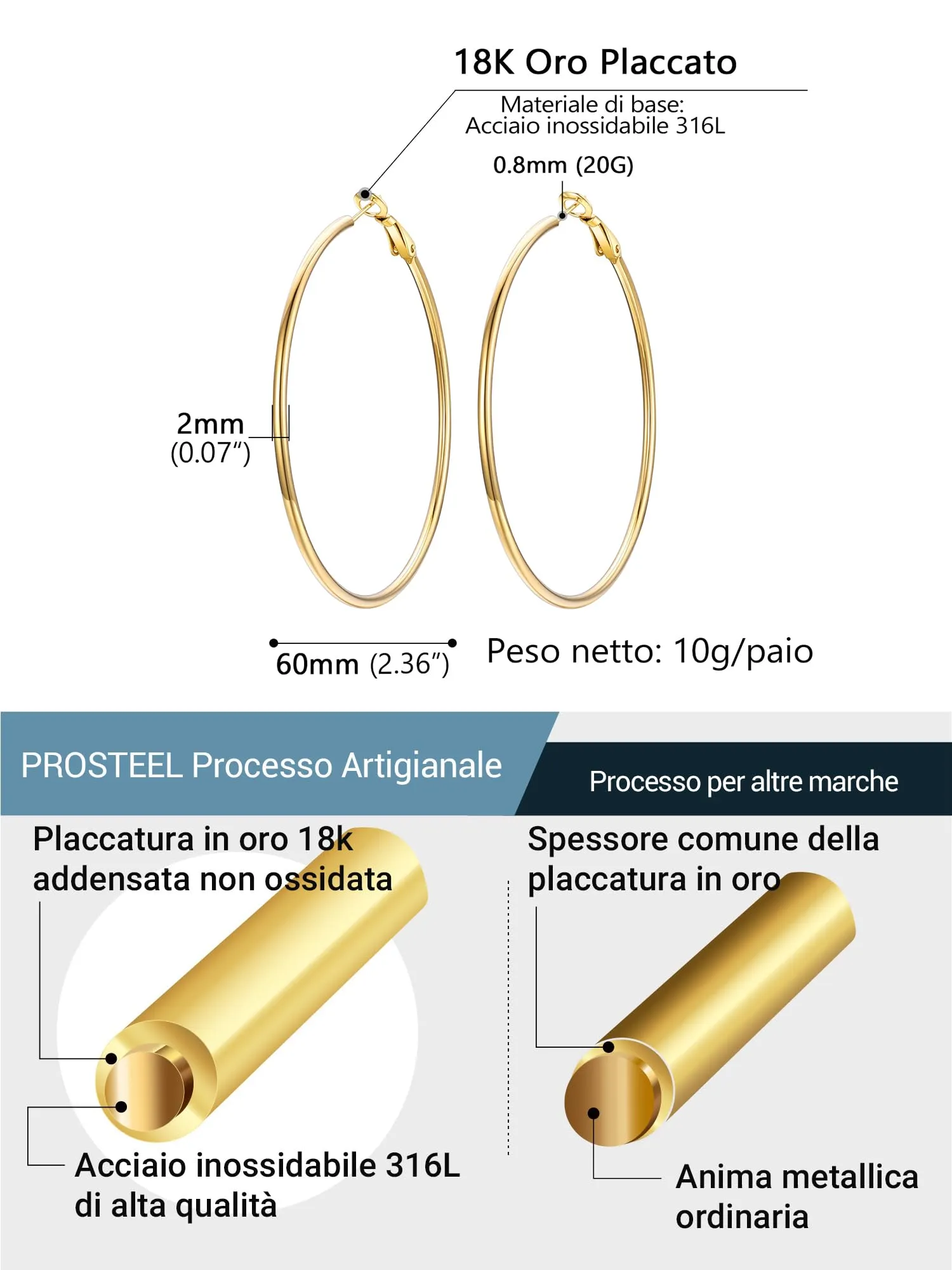 PROSTEEL Orecchini a Cerchio in Acciaio Chirurgico 60mm Oro - immagine 3