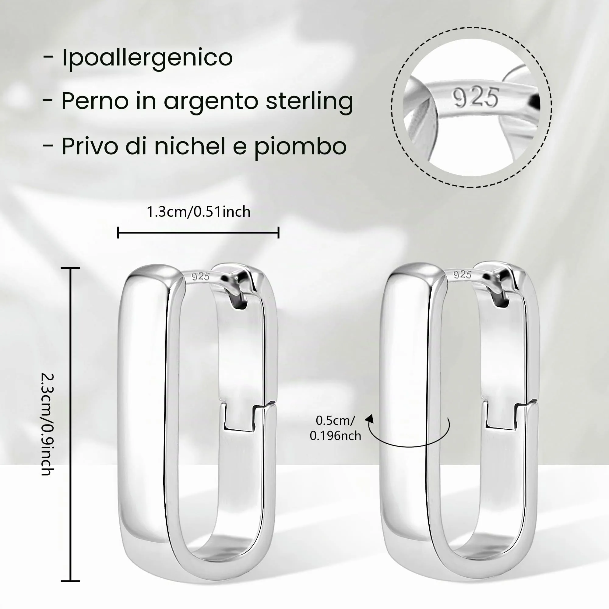 ALEXCRAFT Orecchini a Cerchio Rettangolari in Argento Ipoallergenici, 13 mm - immagine 7
