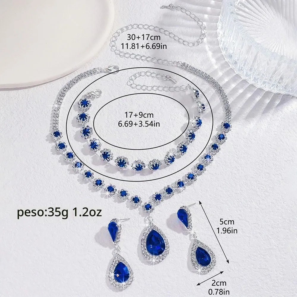 FDEETY Set di Gioielli da Sposa con Strass, Collana, Braccialetti, Orecchini e Ciondolo (Blu) - immagine 2