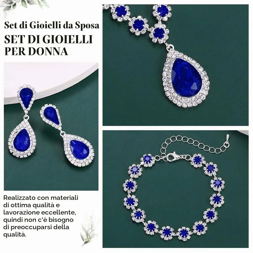 FDEETY Set di Gioielli da Sposa con Strass, Collana, Braccialetti, Orecchini e Ciondolo (Blu) - immagine 3