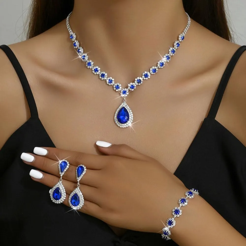FDEETY Set di Gioielli da Sposa con Strass, Collana, Braccialetti, Orecchini e Ciondolo (Blu) - immagine 4