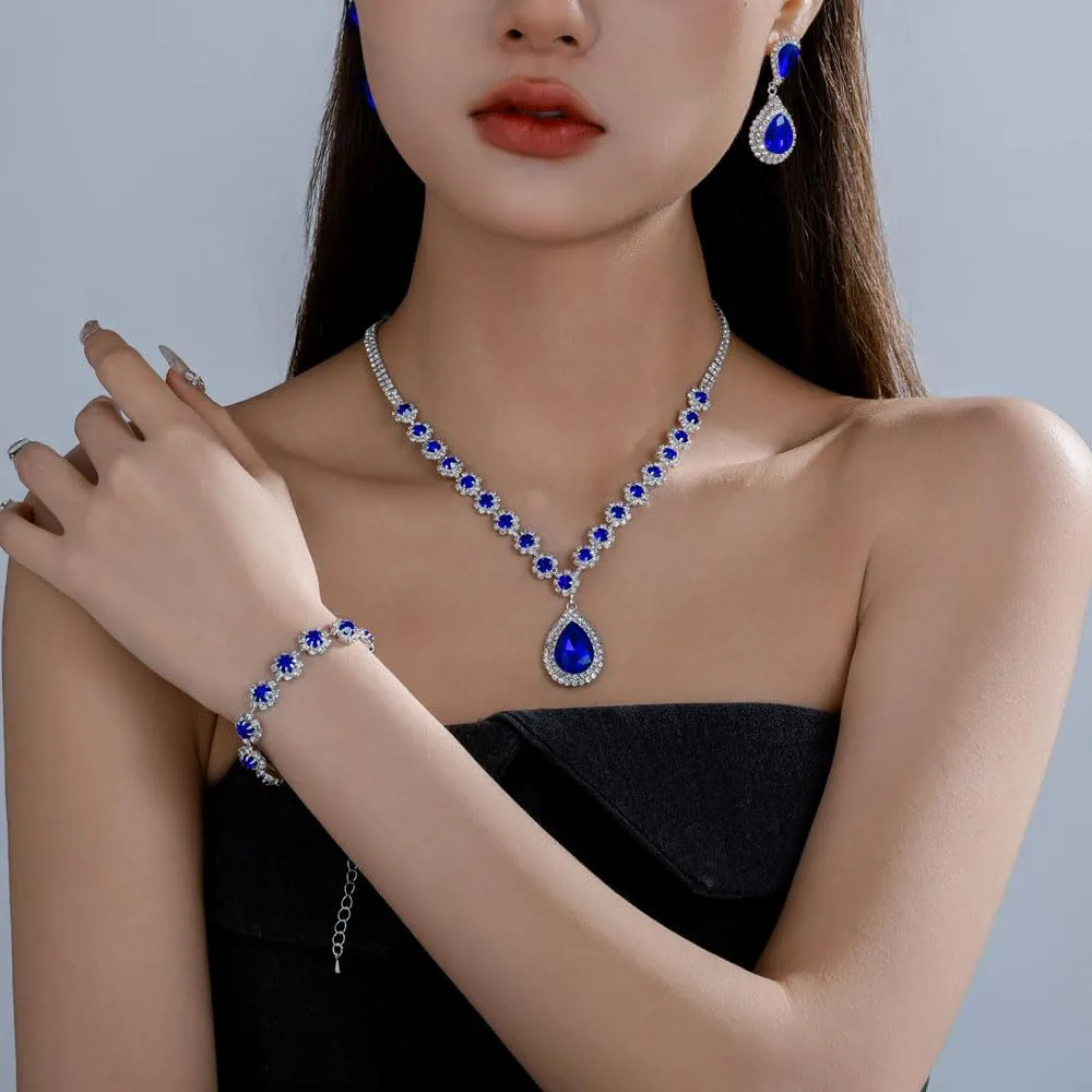 FDEETY Set di Gioielli da Sposa con Strass, Collana, Braccialetti, Orecchini e Ciondolo (Blu) - immagine 5