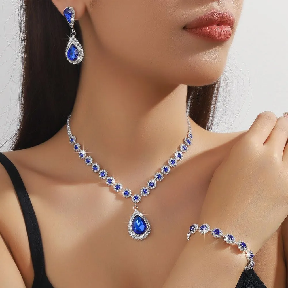 FDEETY Set di Gioielli da Sposa con Strass, Collana, Braccialetti, Orecchini e Ciondolo (Blu) - immagine 6