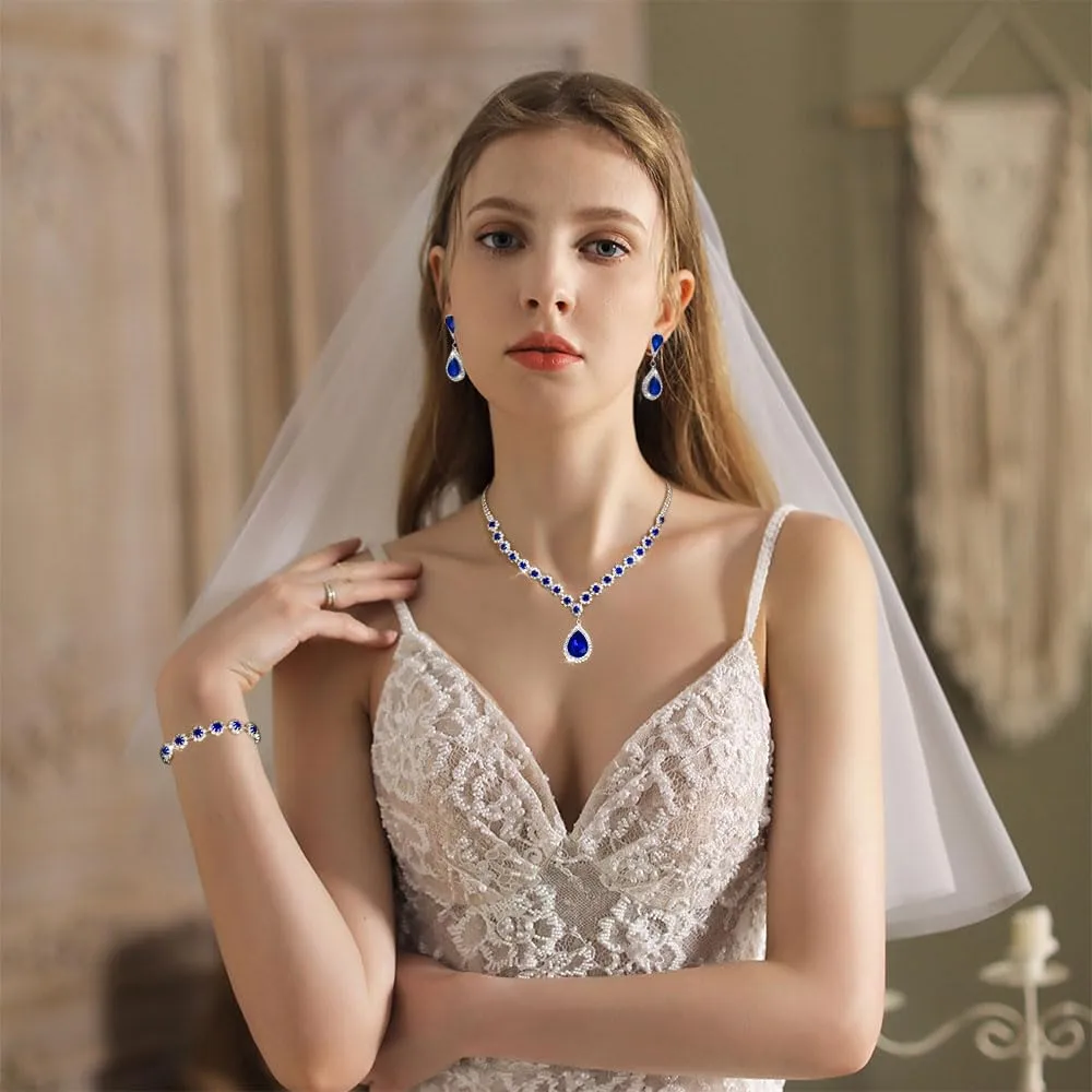 FDEETY Set di Gioielli da Sposa con Strass, Collana, Braccialetti, Orecchini e Ciondolo (Blu) - immagine 7