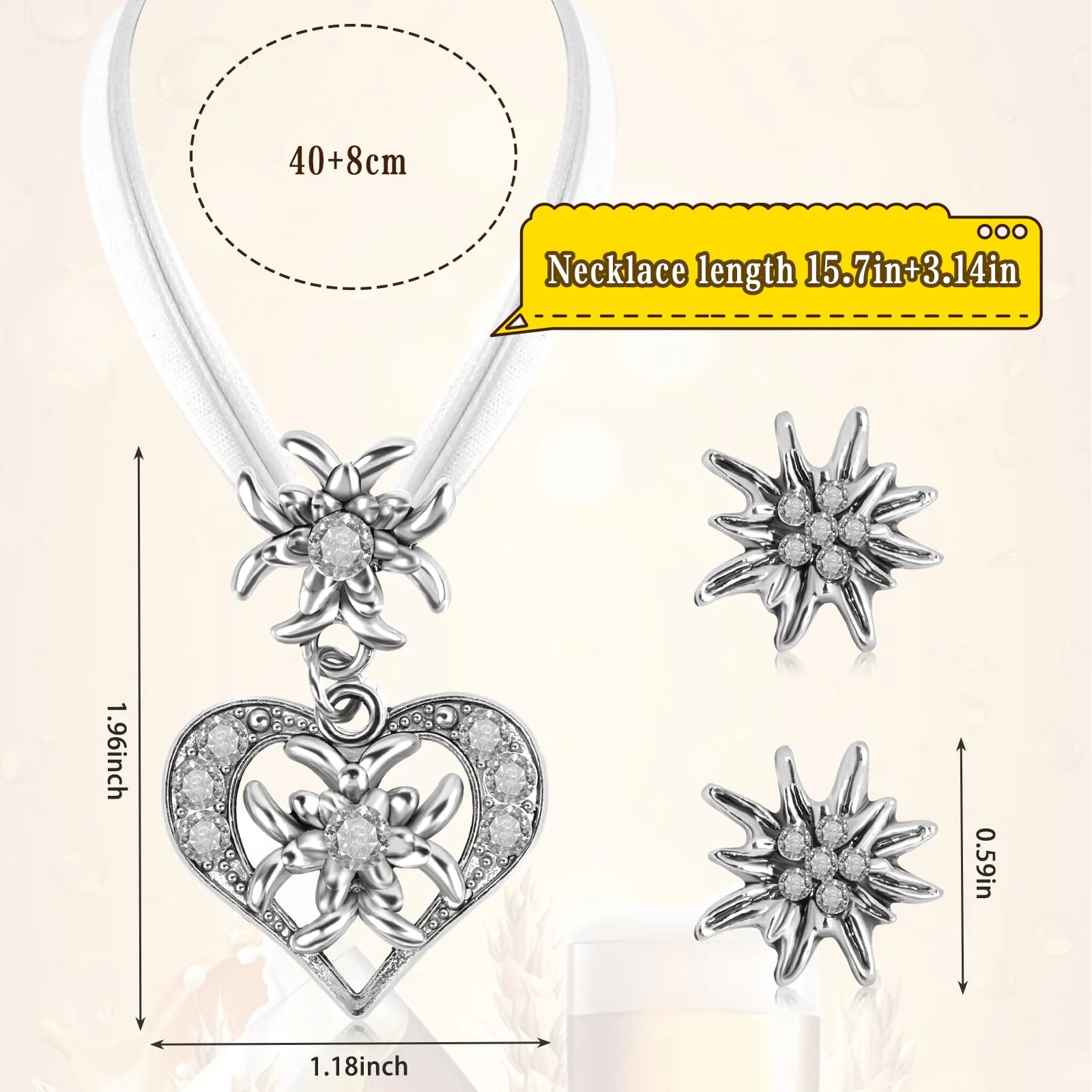 MAOSHYMS Gioielli Bavaresi Tradizionali Parure con Ciondolo Stella Alpina, Collana e Orecchini (Bianco) - immagine 2