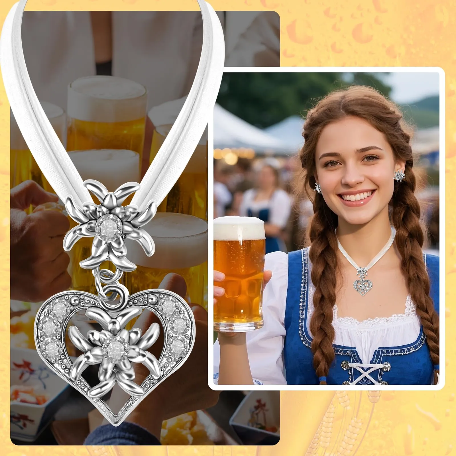 MAOSHYMS Gioielli Bavaresi Tradizionali Parure con Ciondolo Stella Alpina, Collana e Orecchini (Bianco) - immagine 3