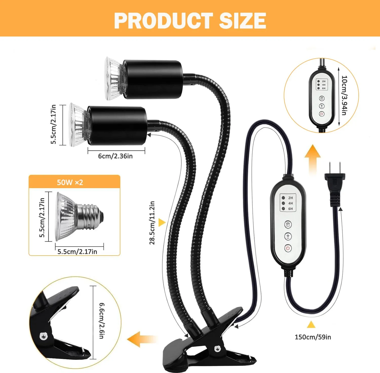 Frogetu Lampada Riscaldante UVA UVB a Due Teste con Timer, Lampadine 25W+50W Regolabili a 360° per Tartarughe, Rettili e Anfibi - immagine 2
