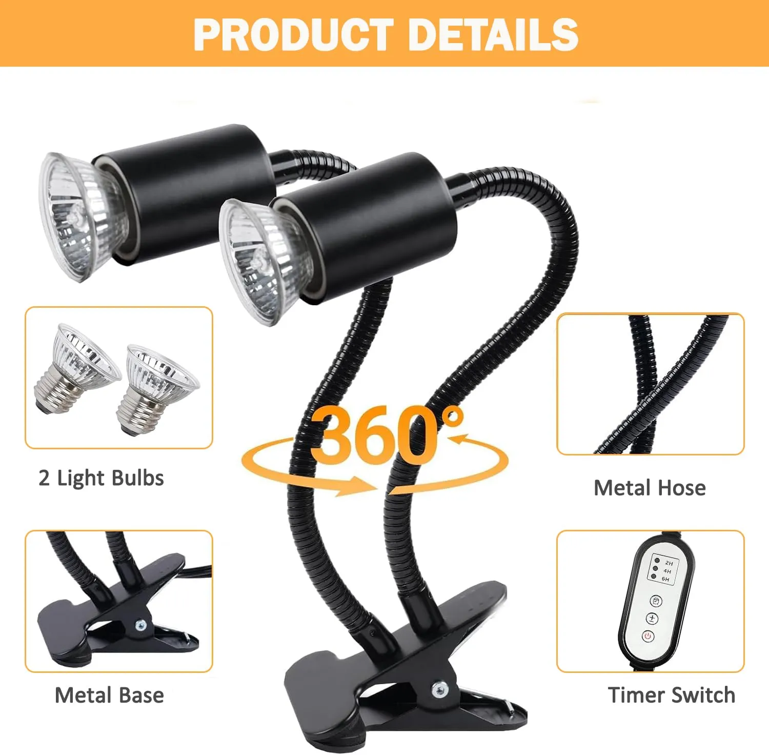 Frogetu Lampada Riscaldante UVA UVB a Due Teste con Timer, Lampadine 25W+50W Regolabili a 360° per Tartarughe, Rettili e Anfibi - immagine 4