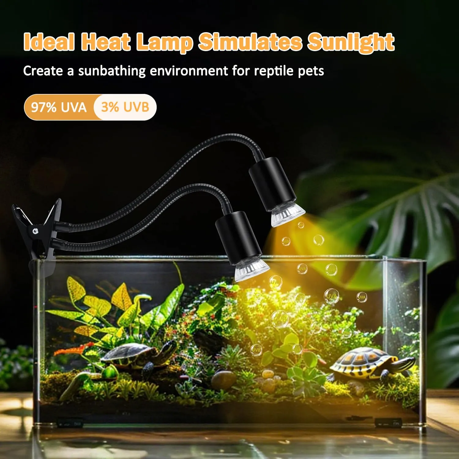 Frogetu Lampada Riscaldante UVA UVB a Due Teste con Timer, Lampadine 25W+50W Regolabili a 360° per Tartarughe, Rettili e Anfibi - immagine 5