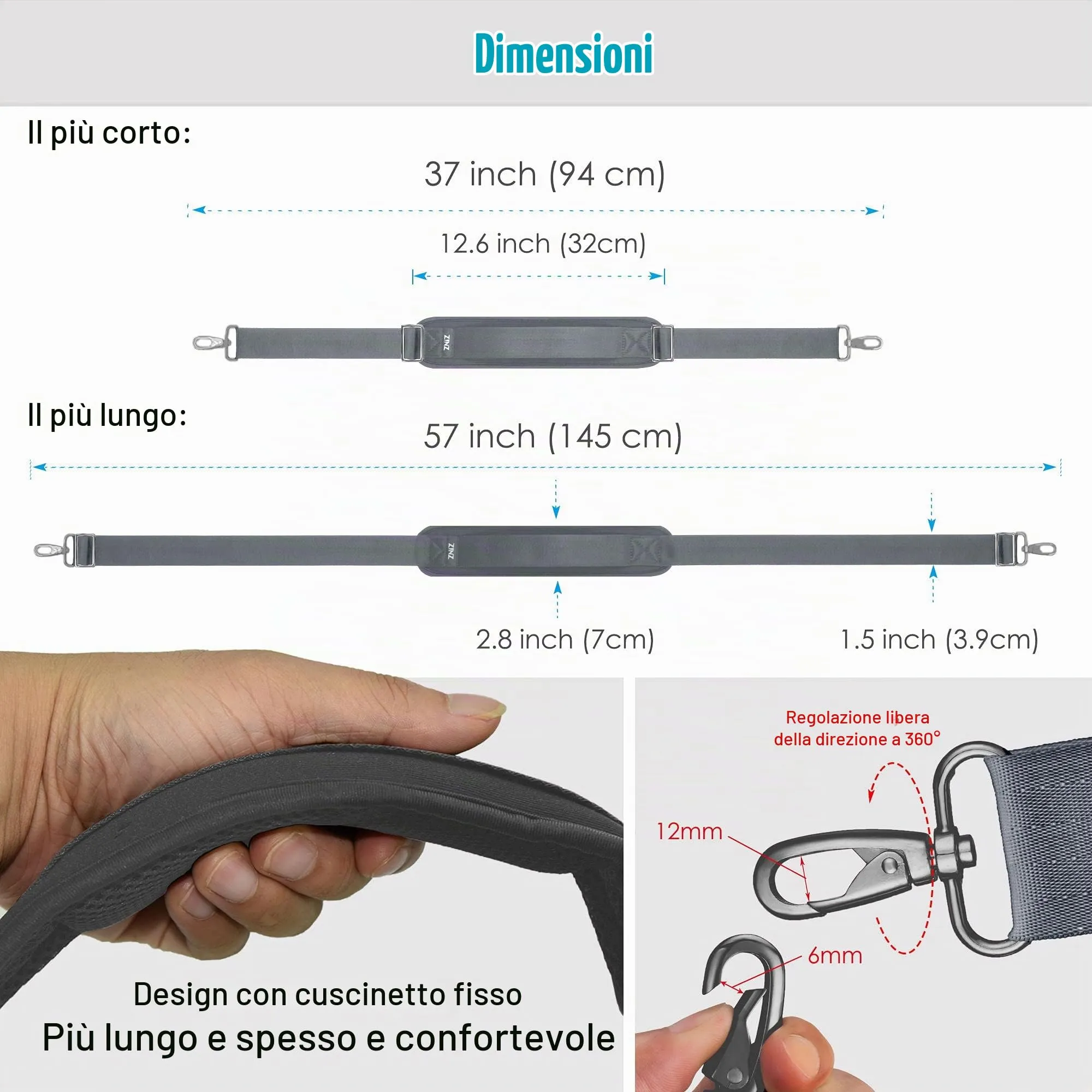 ZINZ Cinturino Regolabile con Imbottitura Fissa, 57", Grigio Scuro - immagine 2