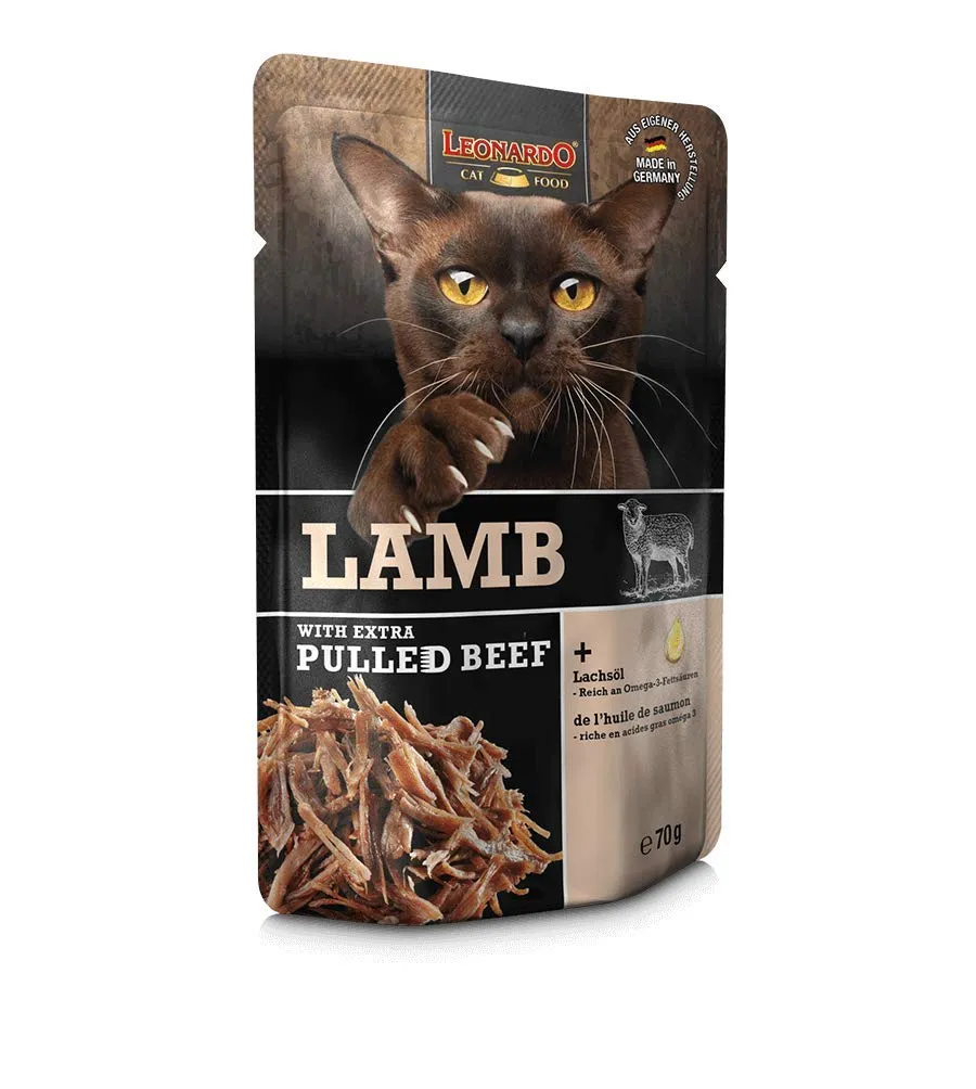 Leonardo Cibo Umido per Gatti senza Cereali, Agnello con Straccetti di Manzo Pulled Beef, 16x70g - immagine 2