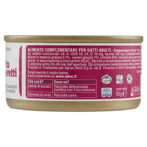 ADoC Cat Cibo Umido per Gatti Mix Tonnetto con Gamberetti, Spigola, Alicette e Prosciutto - 24 Lattine da 85g - immagine 3