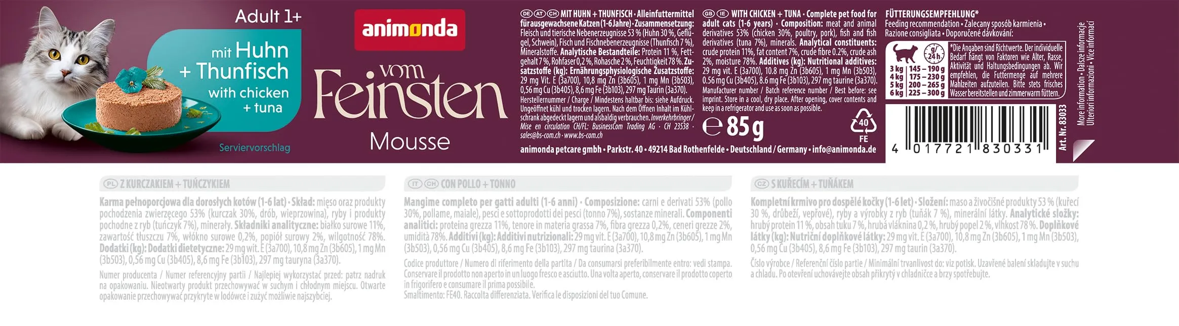 animonda Vom Feinsten Mousse Cibo Umido per Gatti Adulti Pollo e Tonno 12x85g - immagine 3
