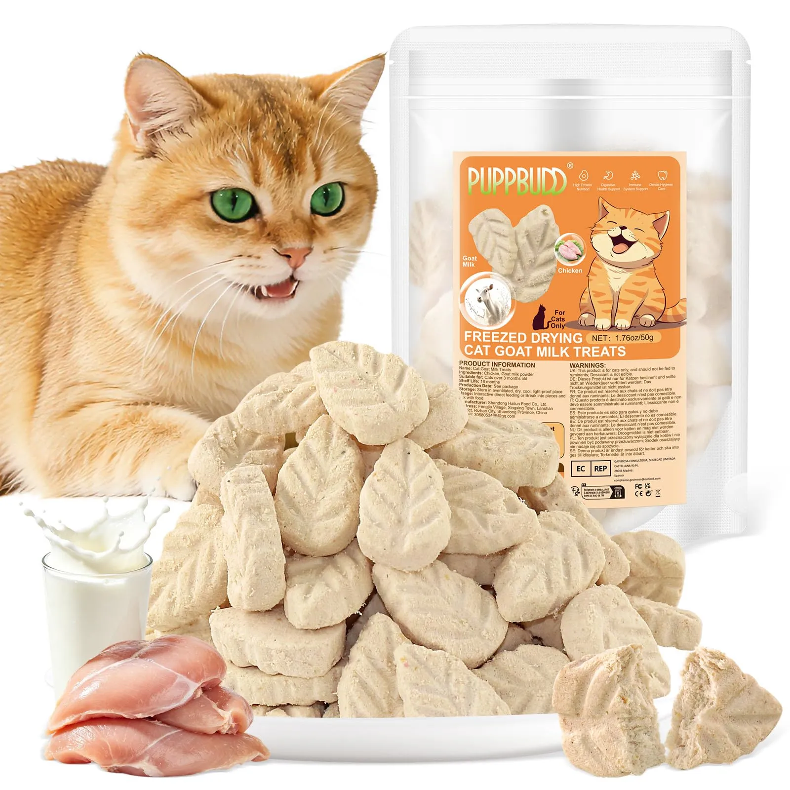 PUPPBUDD Bastoncini di Erba per Gatti con Pollo e Latte di Capra, Snack Dentali Liofilizzati, 50g - immagine 1