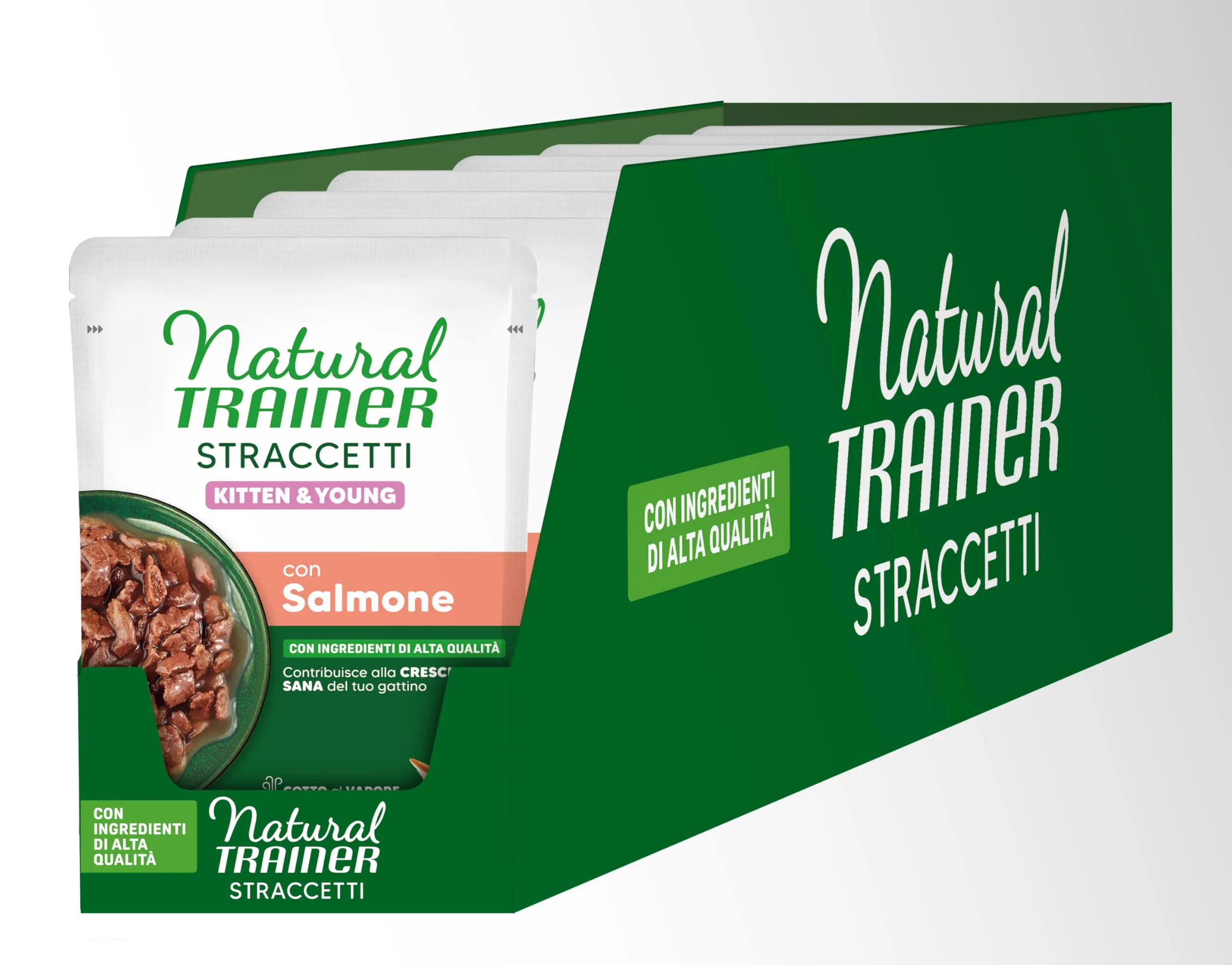Trainer Natural Straccetti Cibo Umido per Gattini, Bocconcini in salsa con Salmone, 28 x 70g - immagine 1