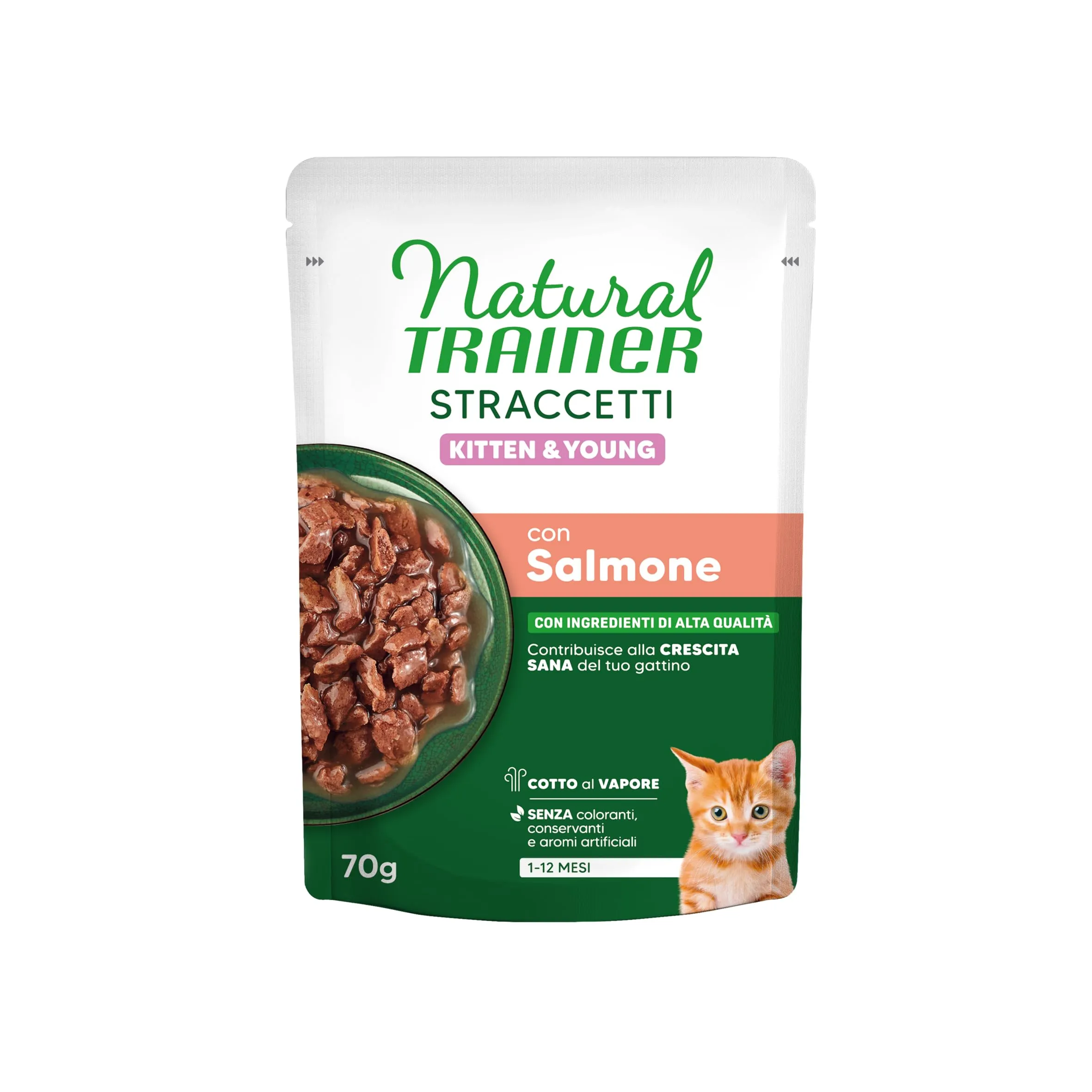 Trainer Natural Straccetti Cibo Umido per Gattini, Bocconcini in salsa con Salmone, 28 x 70g - immagine 2