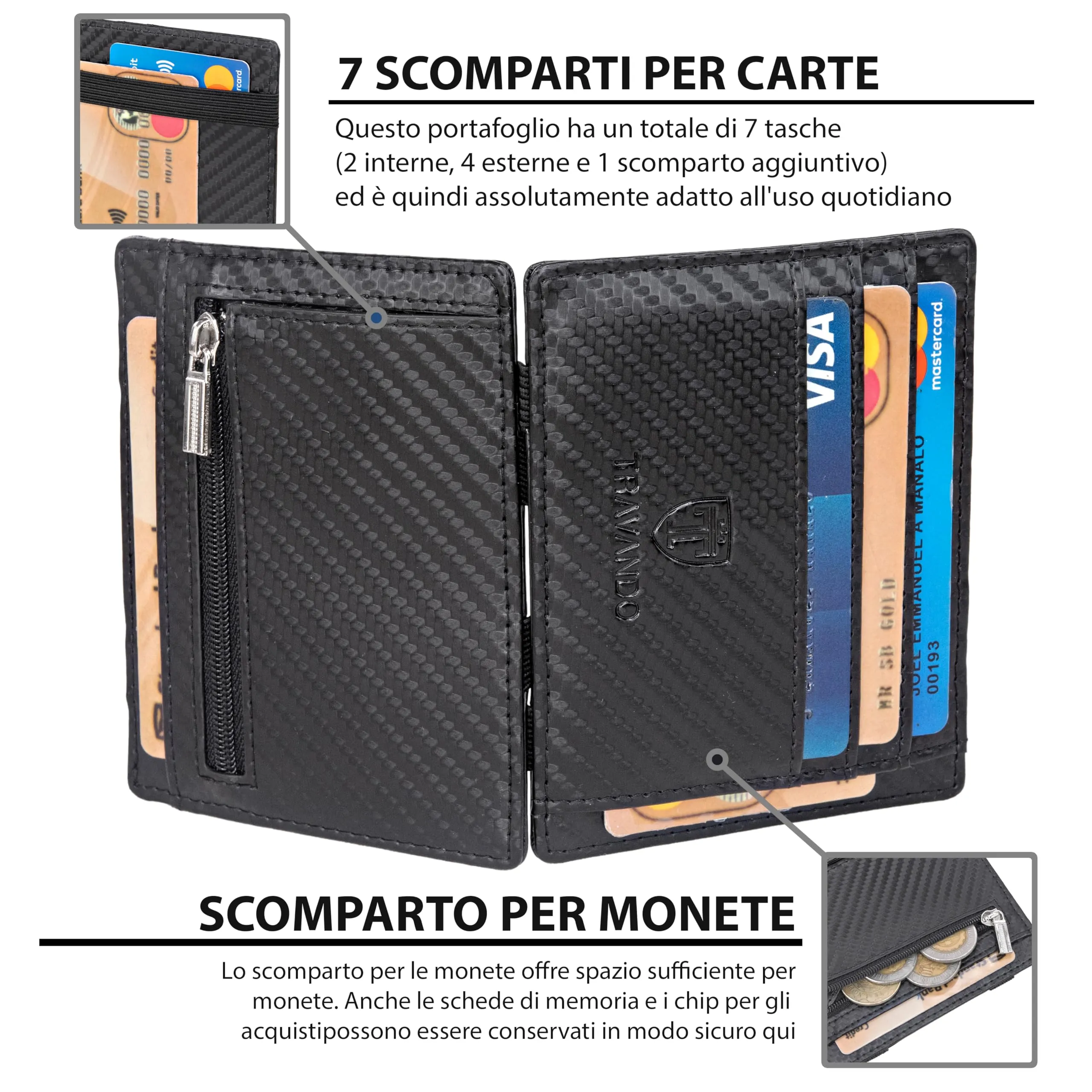 TRAVANDO Magic Wallet Portafoglio da Uomo Slim con Protezione RFID e Portamonete - immagine 2