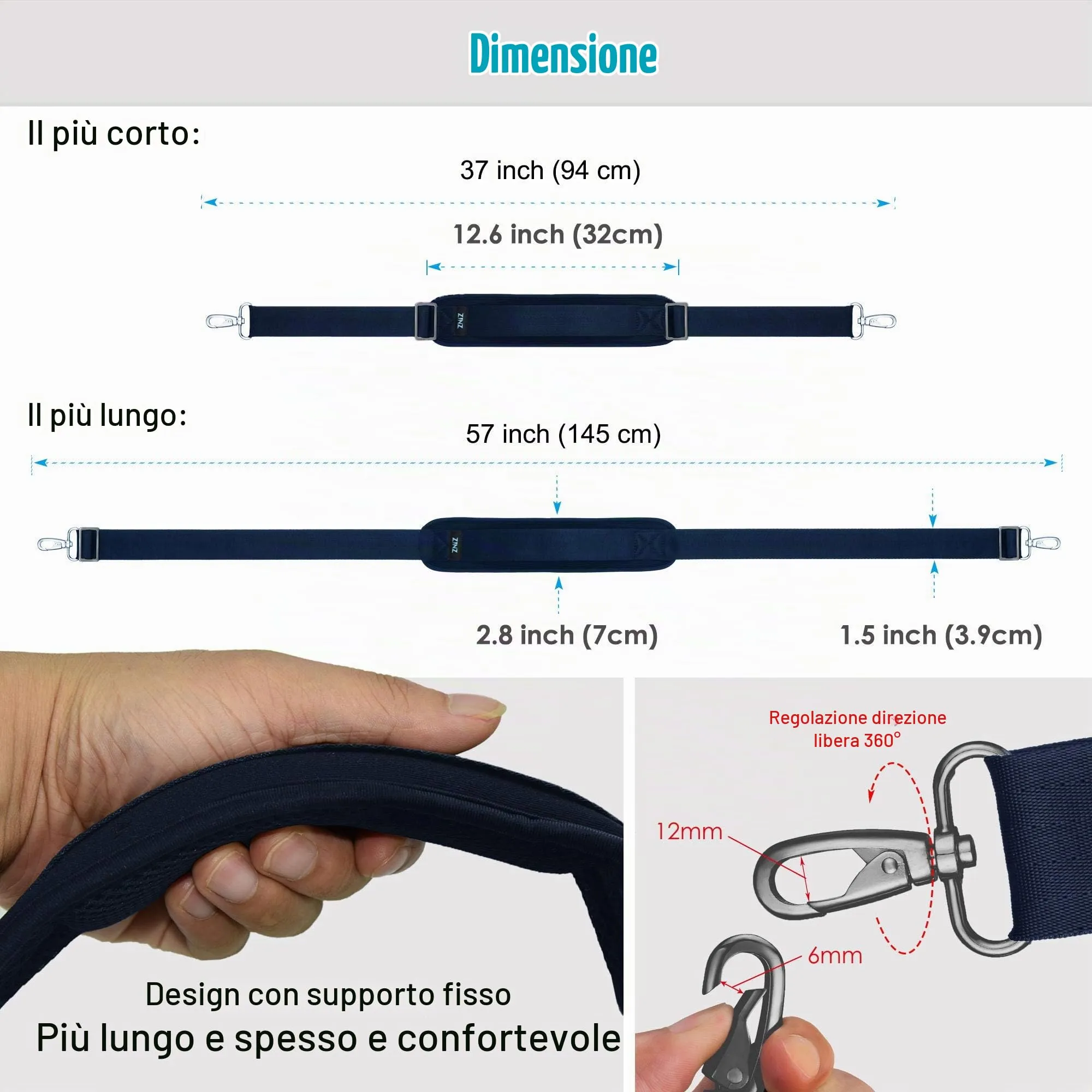 ZINZ Padded Adjustable Shoulder Bag Strap Replacement with D-ring, 57" (B01L01) - immagine 2