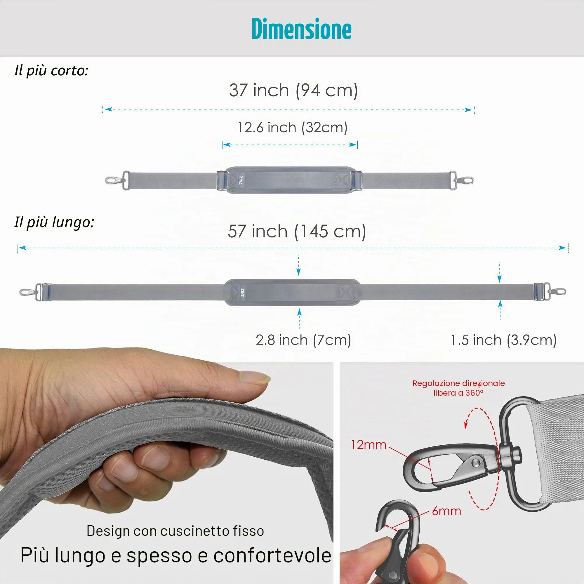 ZINZ Cinturino Regolabile con Imbottitura Fissa, Grigio, 57" - immagine 2