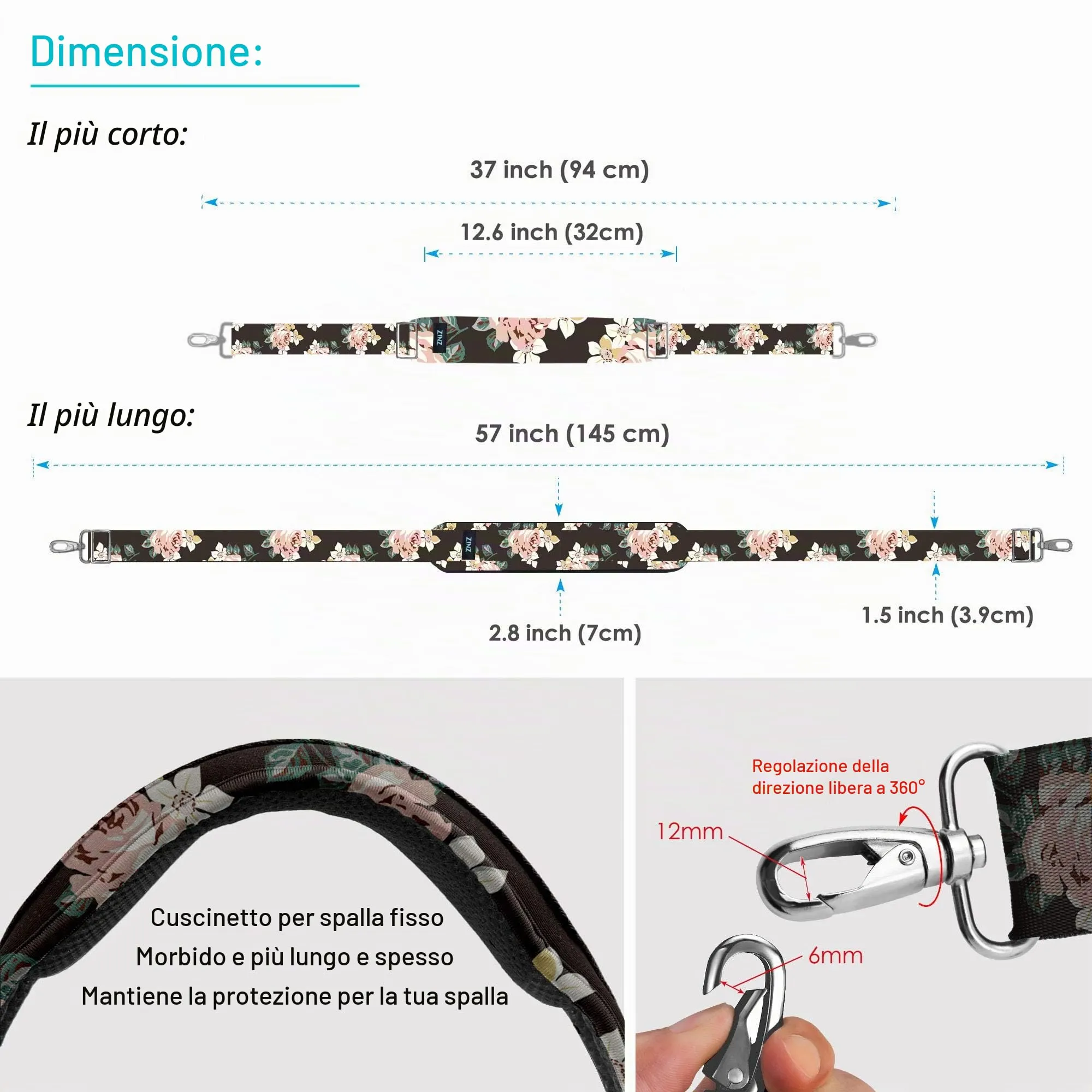 ZINZ Cinturino Regolabile con Imbottitura Fissa, 57", Rosa Oscura - immagine 2
